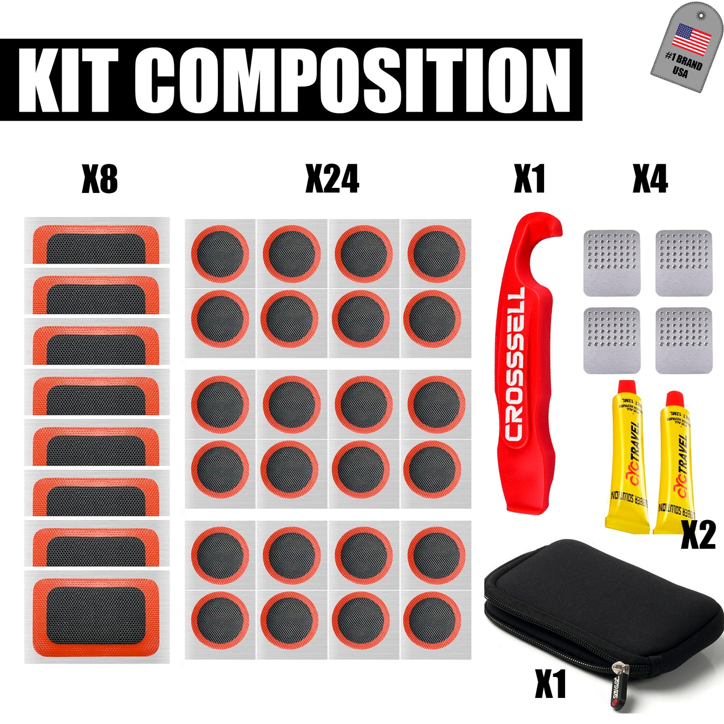 CROSSSELL Bike Tire Repair Kit – Includes Vulcanized Tire Patches, Bike Tire Levers, Compact Bicycle Tire Repair Kit for Road, MTB & Gravel Bikes