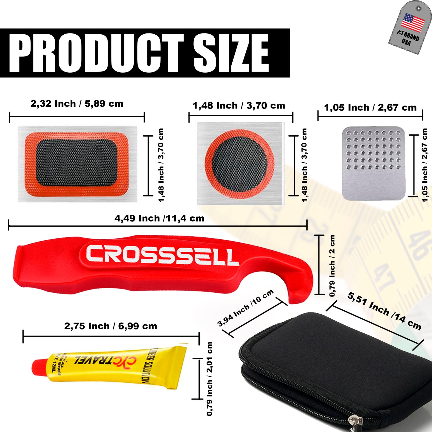 CROSSSELL Bike Tire Repair Kit – Includes Vulcanized Tire Patches, Bike Tire Levers, Compact Bicycle Tire Repair Kit for Road, MTB & Gravel Bikes