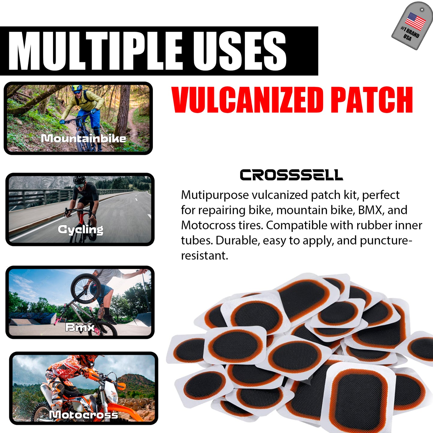 CROSSSELL Bike Tire Repair Kit – Includes Vulcanized Tire Patches, Bike Tire Levers, Compact Bicycle Tire Repair Kit for Road, MTB & Gravel Bikes