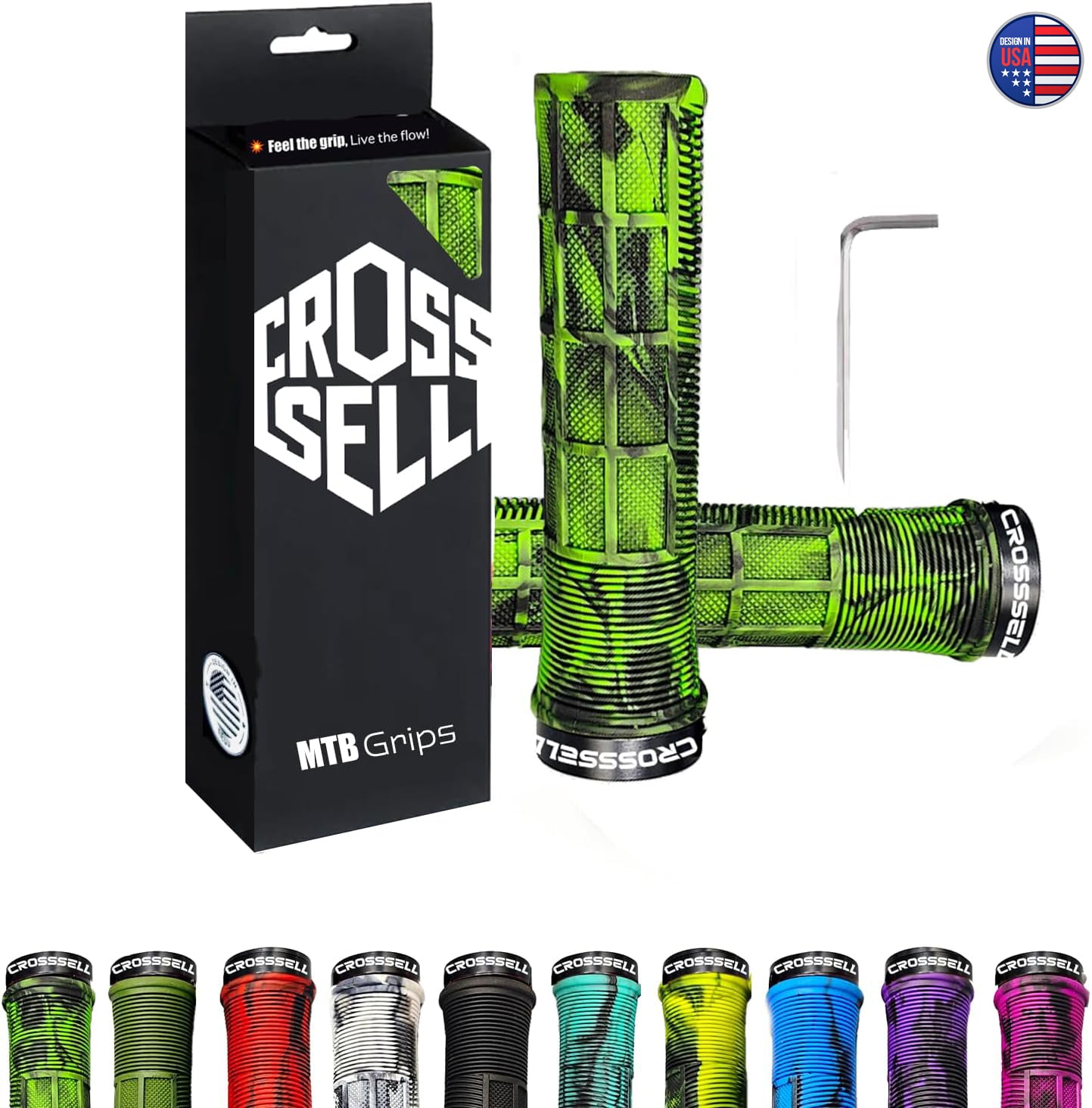 CROSSSELL Dual Color MTB Grips | Lock-On Mountain Bike Handlebar Grips | High Performance & Ergonomic Design [GREEN]