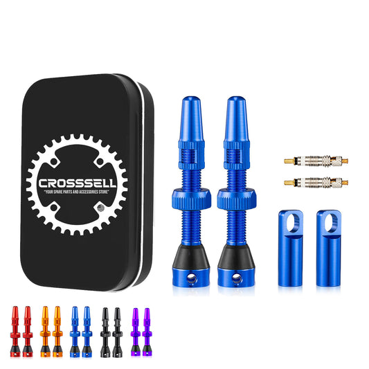 CROSSSELL Tubeless Valve Stems for MTB and Road Bike, Presta Valve Stem 44mm, Lightweight Aluminum with Removable Core [BLUE 1 Pair]