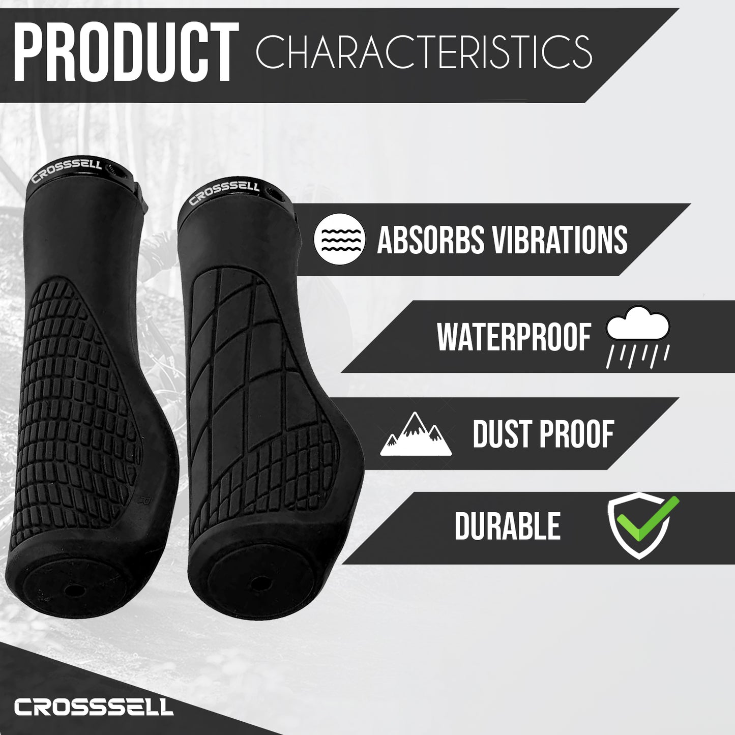 CROSSSELL Ergonomic Bike Grips - Handlebar Grips for Mountain Bikes, Non-Slip Lock-On Grips [BLACK]