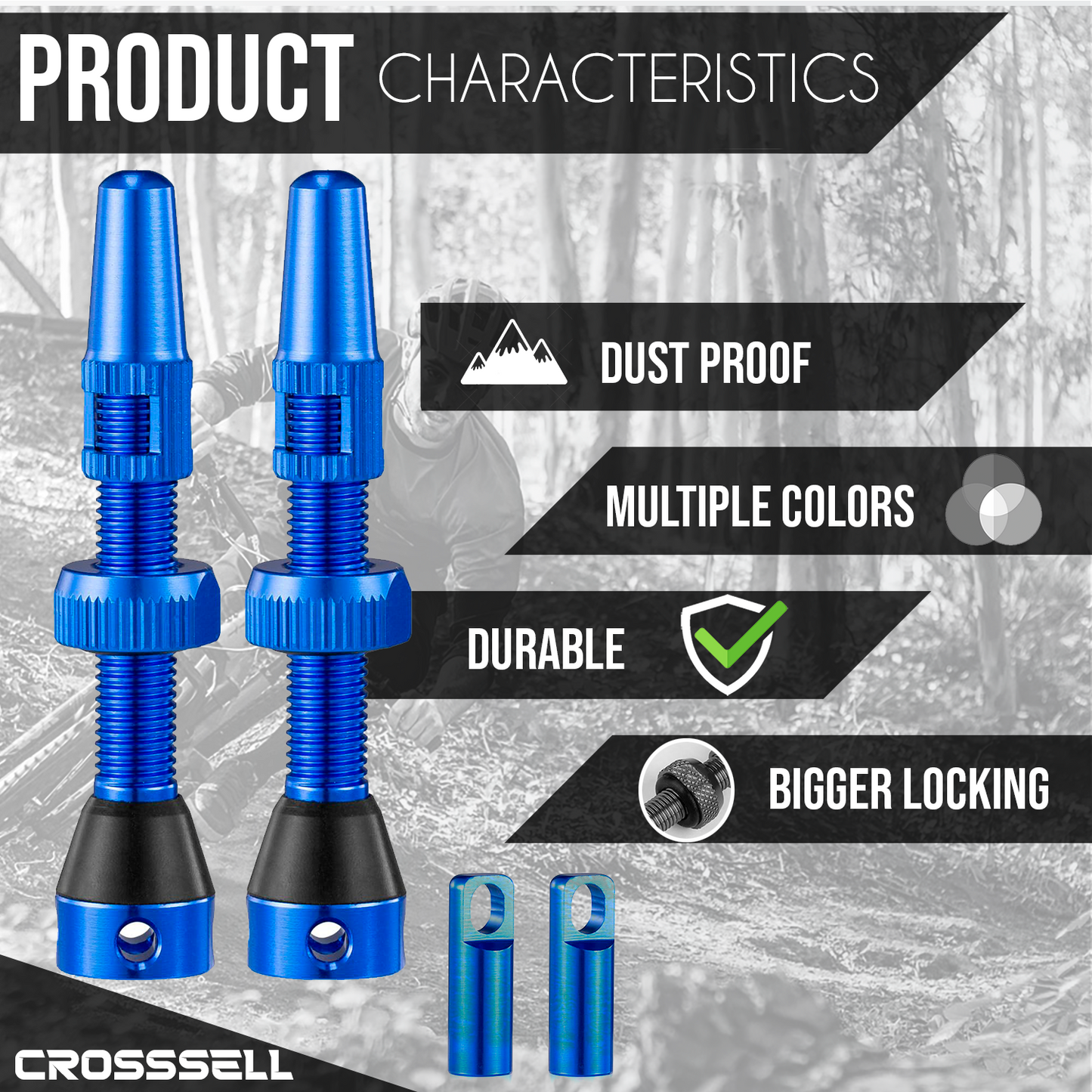 CROSSSELL Tubeless Valve Stems for MTB and Road Bike, Presta Valve Stem 44mm, Lightweight Aluminum with Removable Core [BLUE 1 Pair]