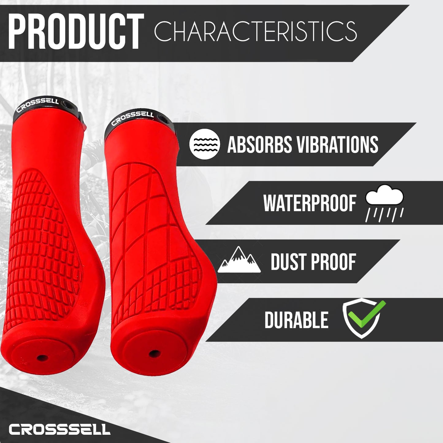 CROSSSELL Ergonomic Bike Grips - Handlebar Grips for Mountain Bikes, Non-Slip Lock-On Grips [RED]