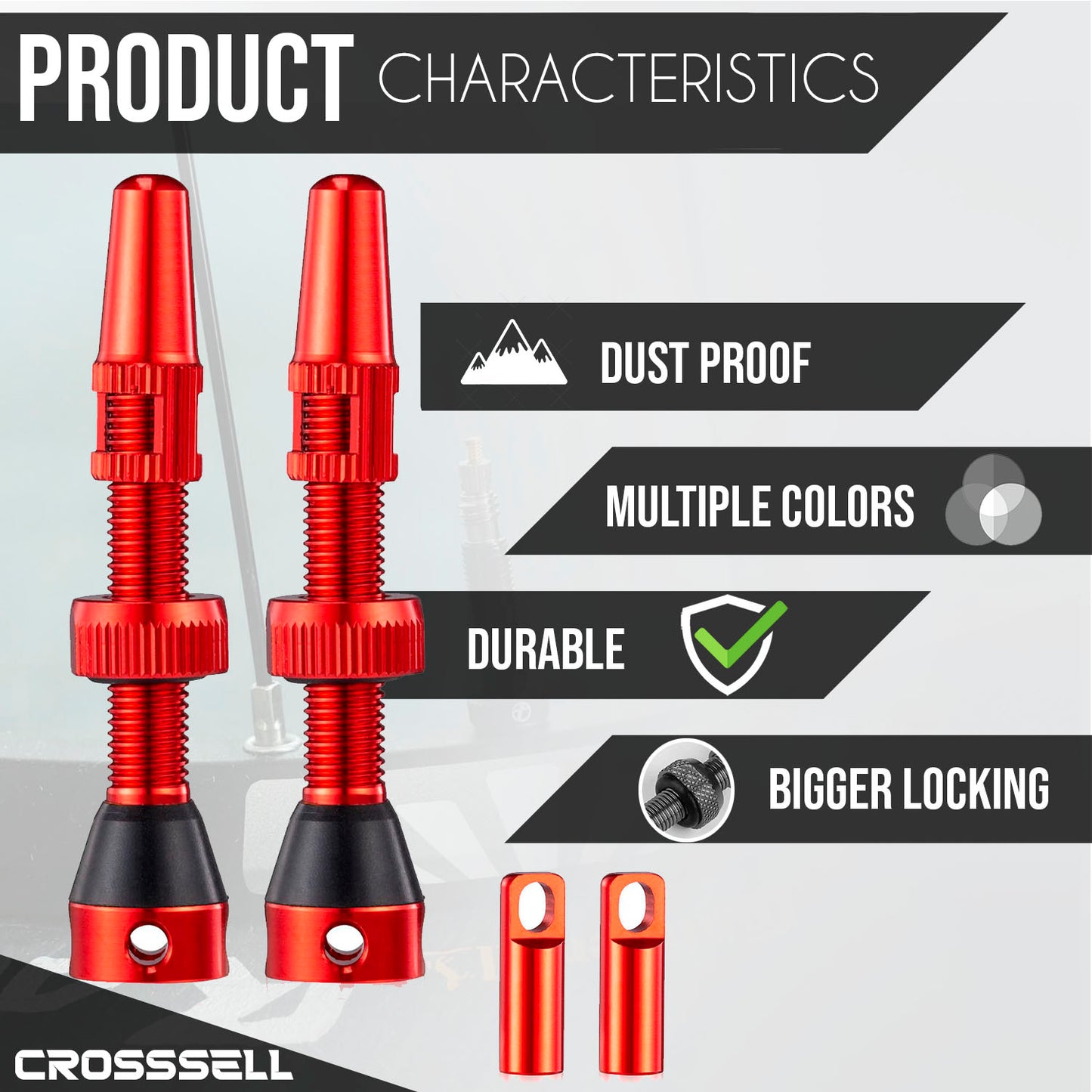 CROSSSELL Tubeless Valve Stems for MTB and Road Bike, Presta Valve Stem 44mm, Lightweight Aluminum with Removable Core [RED 1 Pair]