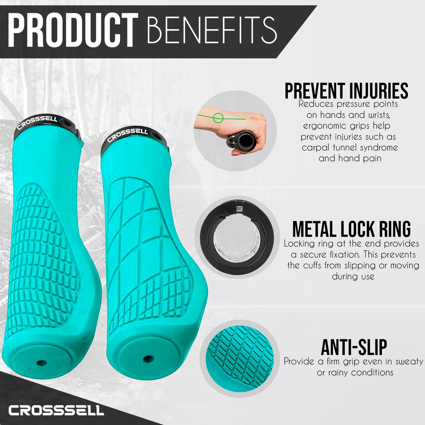 CROSSSELL Ergonomic Bike Grips - Handlebar Grips for Mountain Bikes, Non-Slip Lock-On Grips [SKY BLUE]