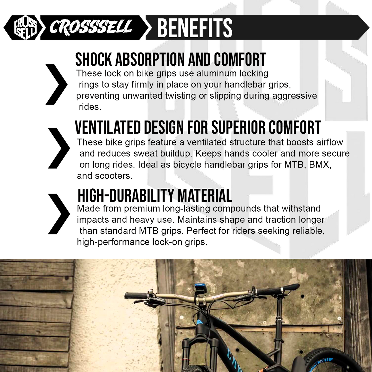 CROSSSELL Dual Color MTB Grips | Lock-On Mountain Bike Handlebar Grips | High Performance & Ergonomic Design [WHITE]