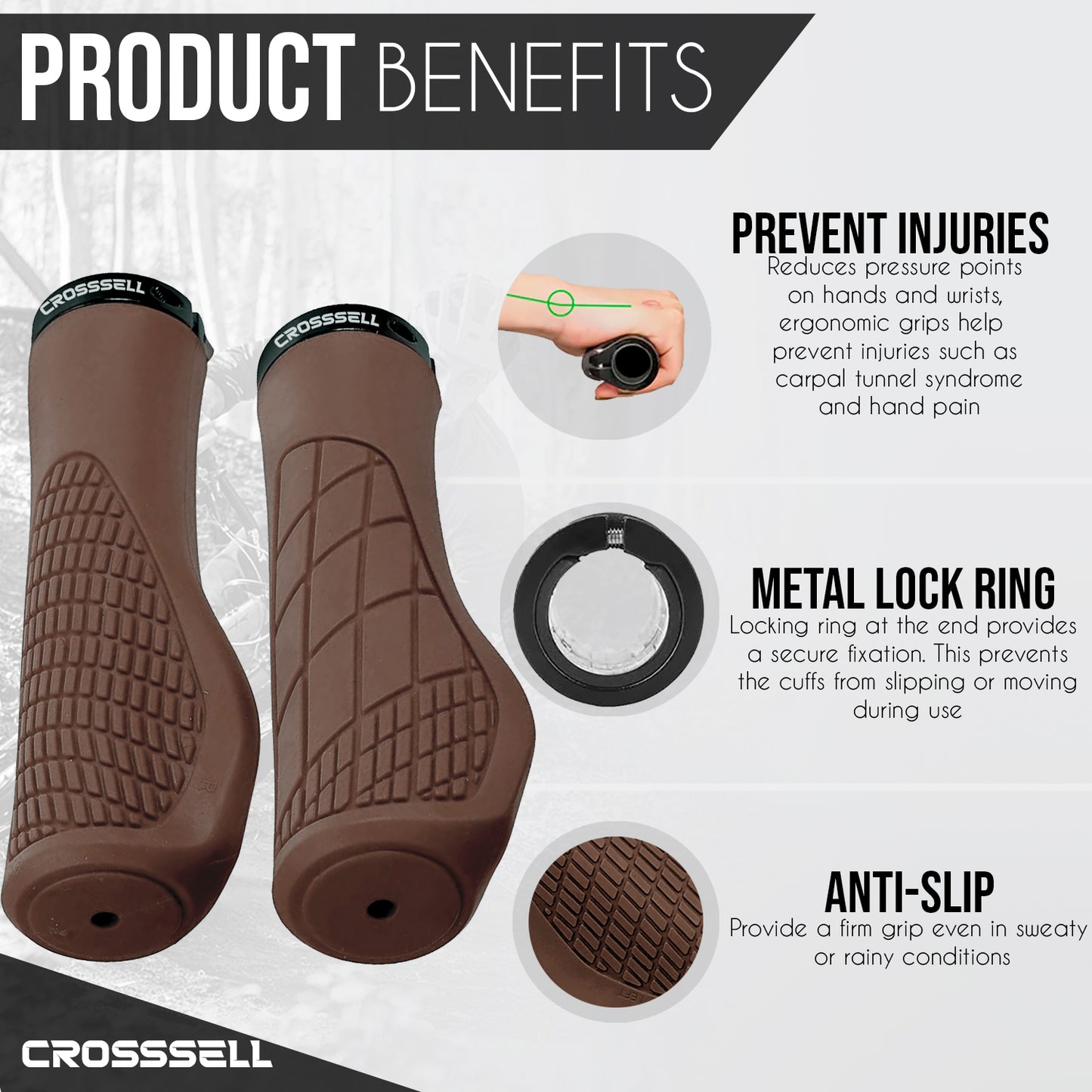 CROSSSELL Ergonomic Bike Grips - Handlebar Grips for Mountain Bikes, Non-Slip Lock-On Grips [BROWN]
