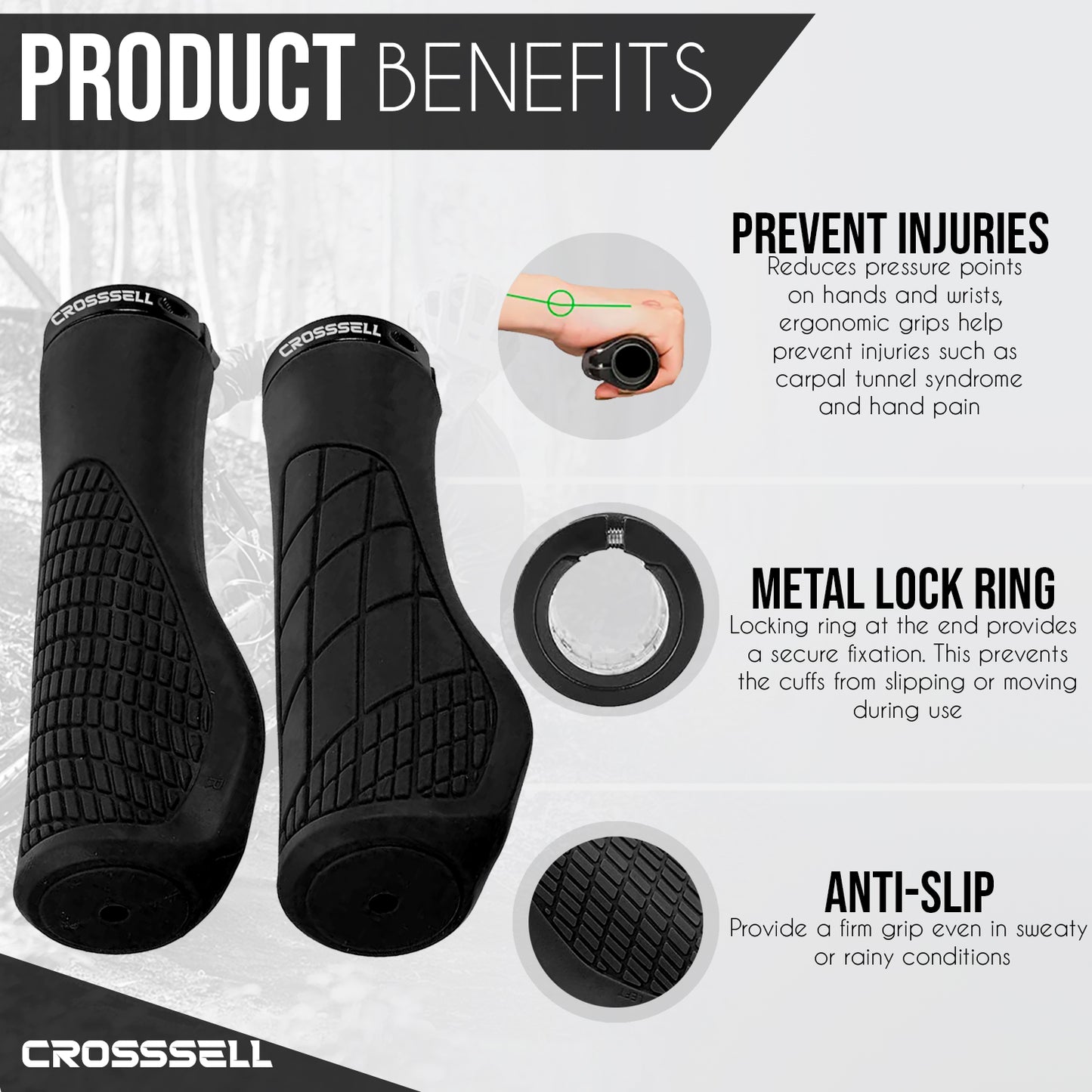 CROSSSELL Ergonomic Bike Grips - Handlebar Grips for Mountain Bikes, Non-Slip Lock-On Grips [BLACK]