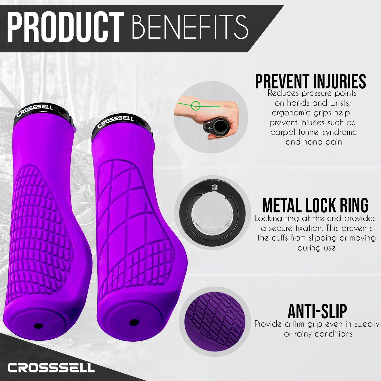 CROSSSELL Ergonomic Bike Grips - Handlebar Grips for Mountain Bikes, Non-Slip Lock-On Grips [PURPLE]