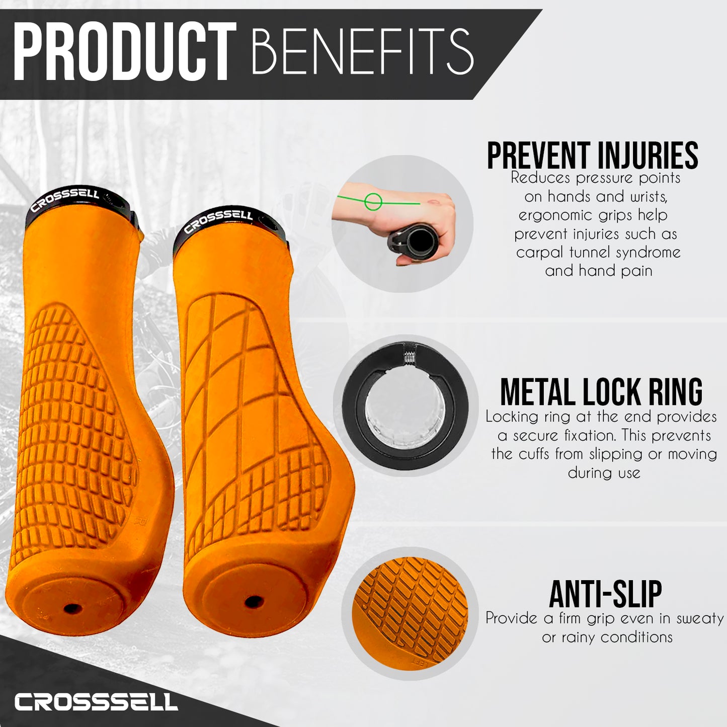 CROSSSELL Ergonomic Bike Grips - Handlebar Grips for Mountain Bikes, Non-Slip Lock-On Grips [ORANGE]