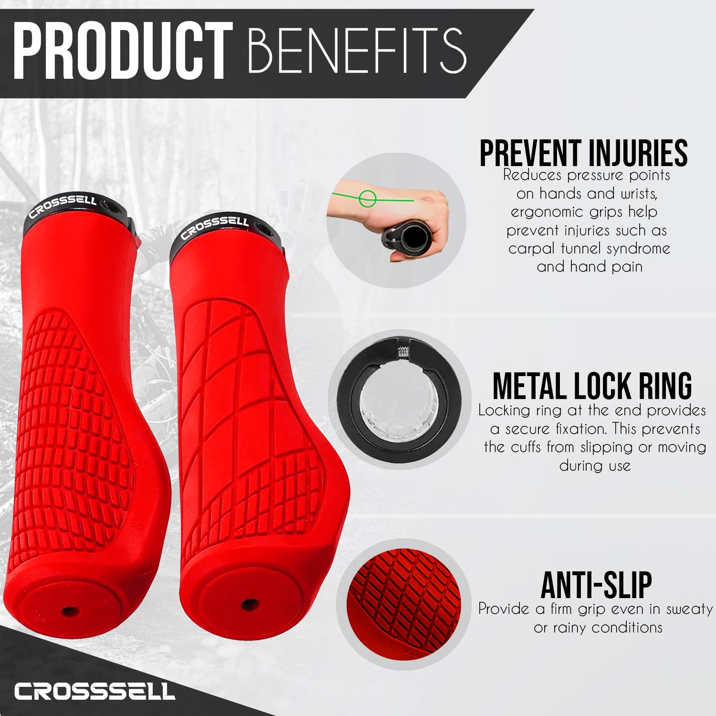 CROSSSELL Ergonomic Bike Grips - Handlebar Grips for Mountain Bikes, Non-Slip Lock-On Grips [RED]