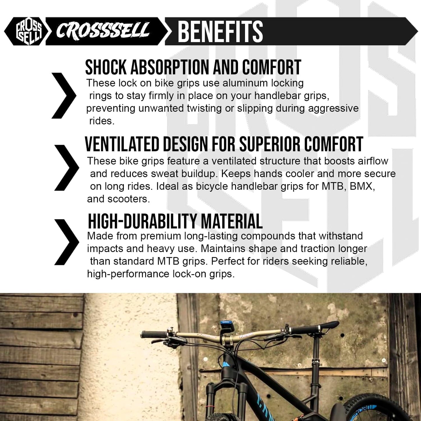 CROSSSELL Dual Color MTB Grips | Lock-On Mountain Bike Handlebar Grips | High Performance & Ergonomic Design [BLACK]