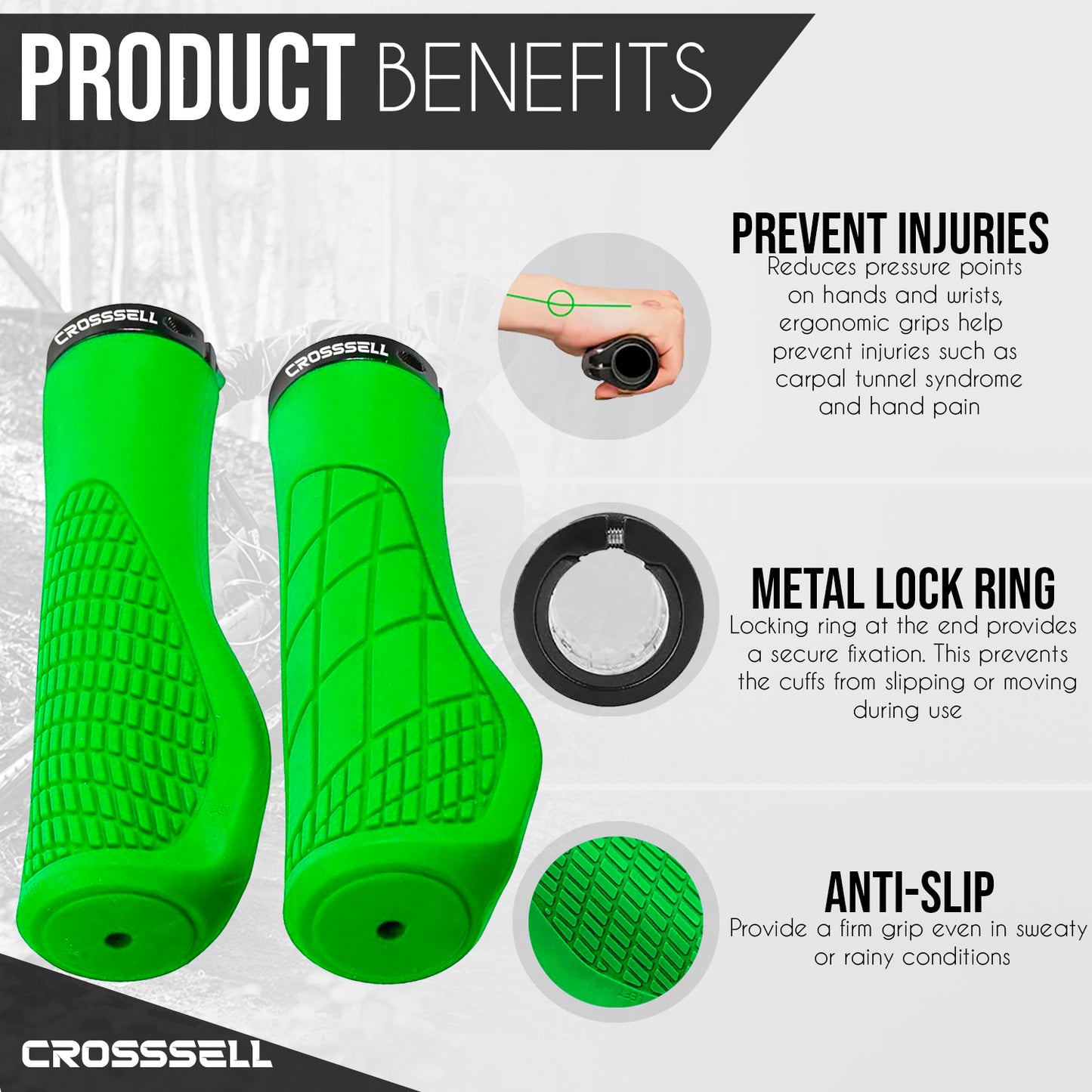 CROSSSELL Ergonomic Bike Grips - Handlebar Grips for Mountain Bikes, Non-Slip Lock-On Grips [APPLE GREEN]