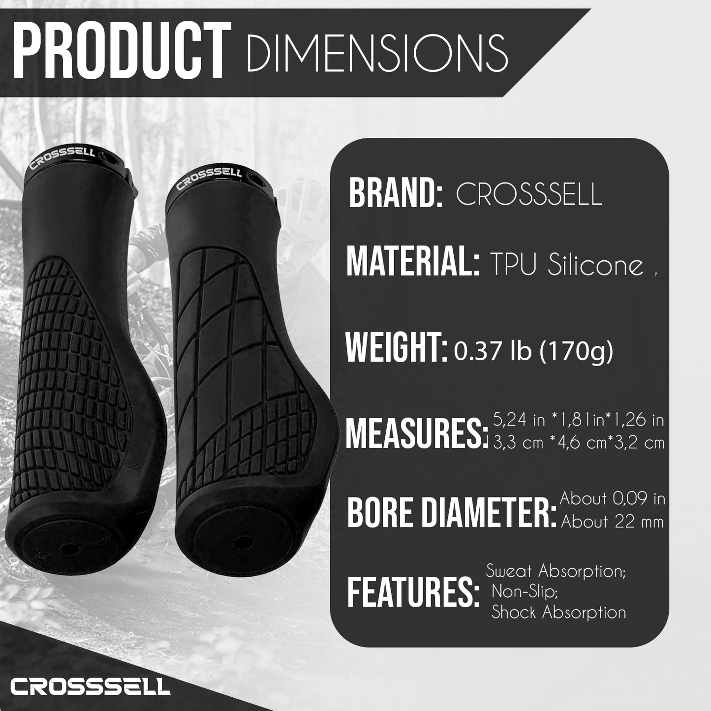CROSSSELL Ergonomic Bike Grips - Handlebar Grips for Mountain Bikes, Non-Slip Lock-On Grips [BLACK]