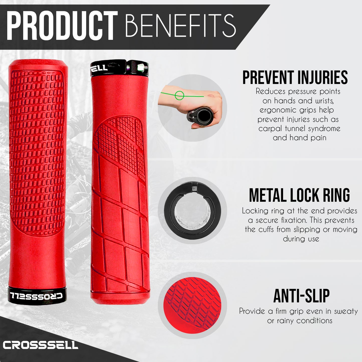 CROSSSELL Mountain Bike Grips, Bicycle Handlebar Grips, Bicycle Handlebar Grips Single Lock-on, Ergonomic Bike Grips Non-Slip Red