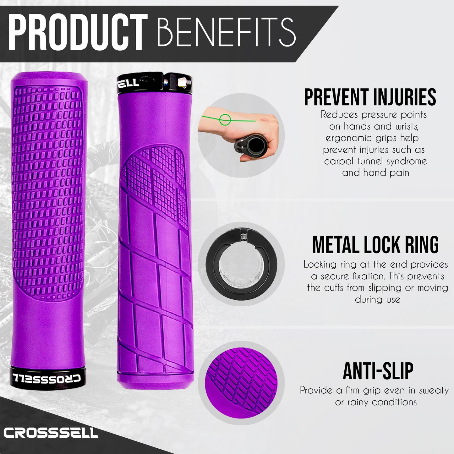 CROSSSELL Mountain Bike Grips, Bicycle Handlebar Grips, Bicycle Handlebar Grips Single Lock-on, Ergonomic Bike Grips Non-Slip Purple