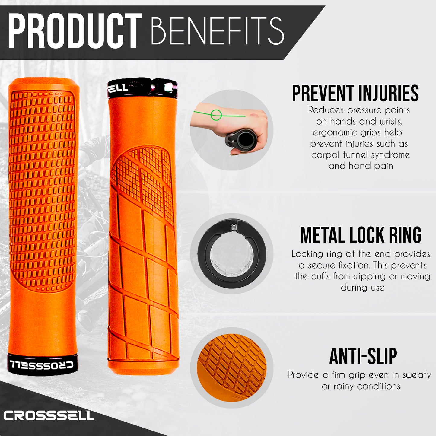 CROSSSELL Mountain Bike Grips, Bicycle Handlebar Grips, Bicycle Handlebar Grips Single Lock-on, Ergonomic Bike Grips Non-Slip Orange