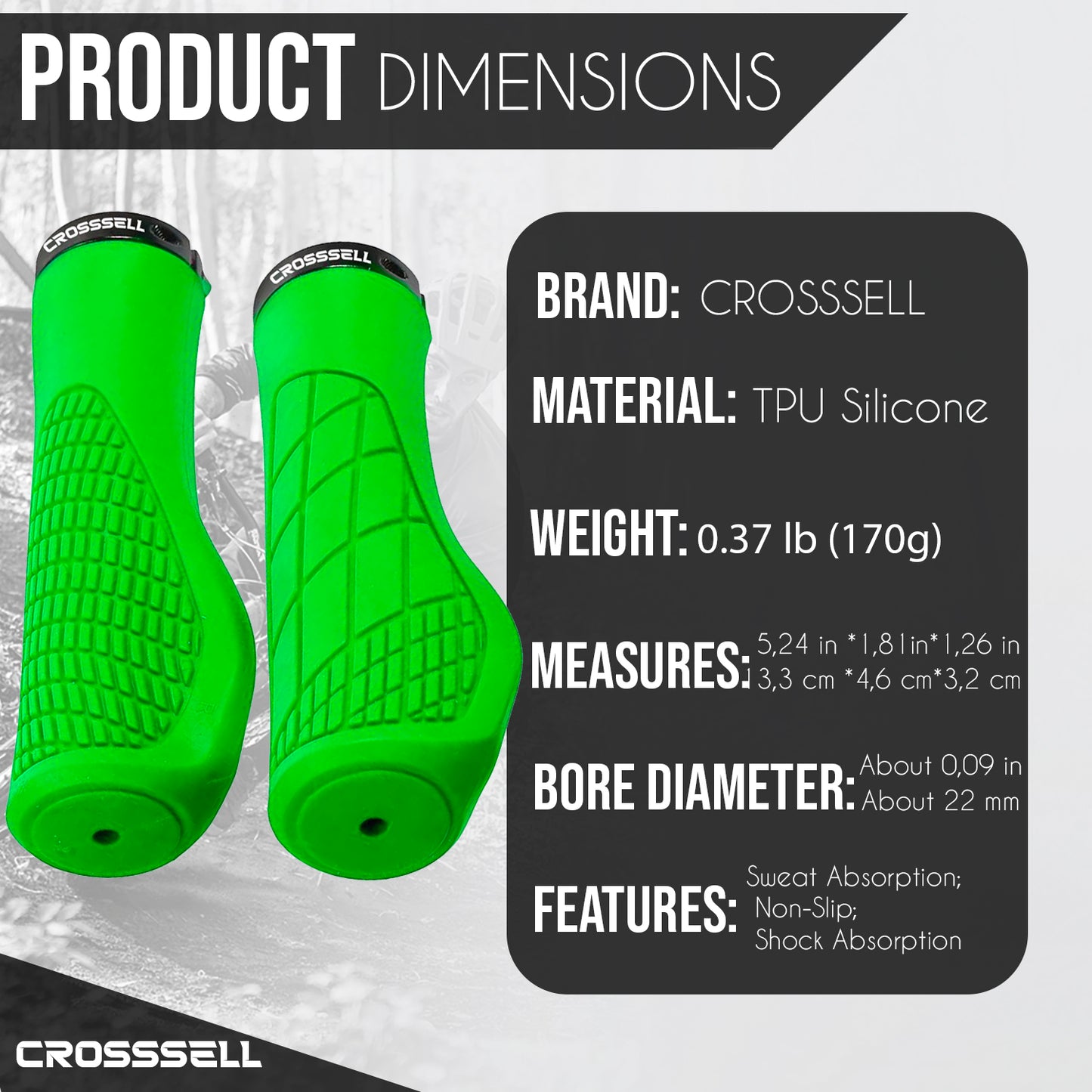 CROSSSELL Ergonomic Bike Grips - Handlebar Grips for Mountain Bikes, Non-Slip Lock-On Grips [APPLE GREEN]