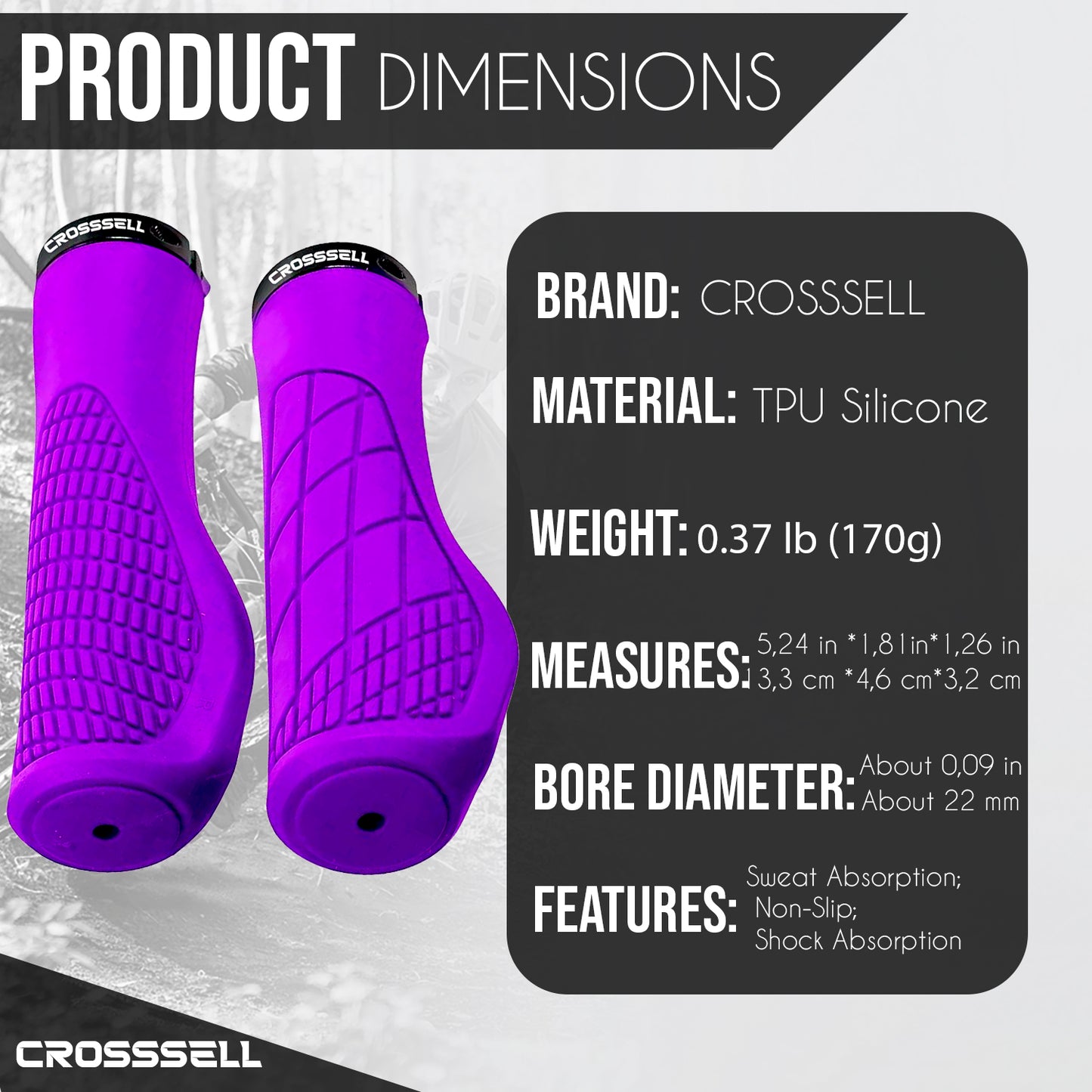 CROSSSELL Ergonomic Bike Grips - Handlebar Grips for Mountain Bikes, Non-Slip Lock-On Grips [PURPLE]