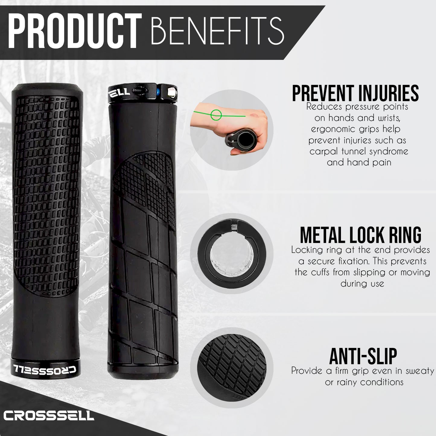 CROSSSELL Mountain Bike Grips, Bicycle Handlebar Grips, Bicycle Handlebar Grips Single Lock-on, Ergonomic Bike Grips Non-Slip Black