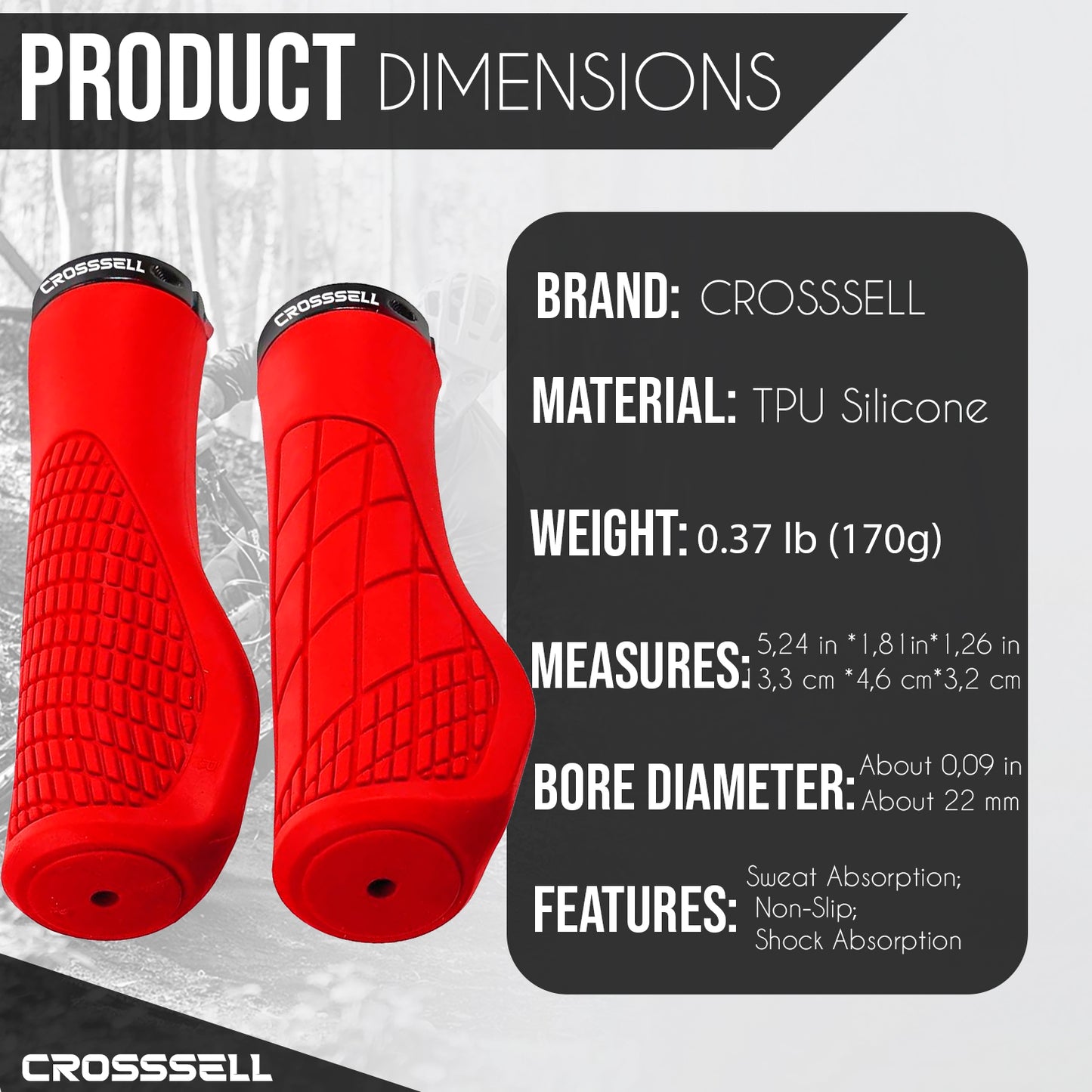 CROSSSELL Ergonomic Bike Grips - Handlebar Grips for Mountain Bikes, Non-Slip Lock-On Grips [RED]