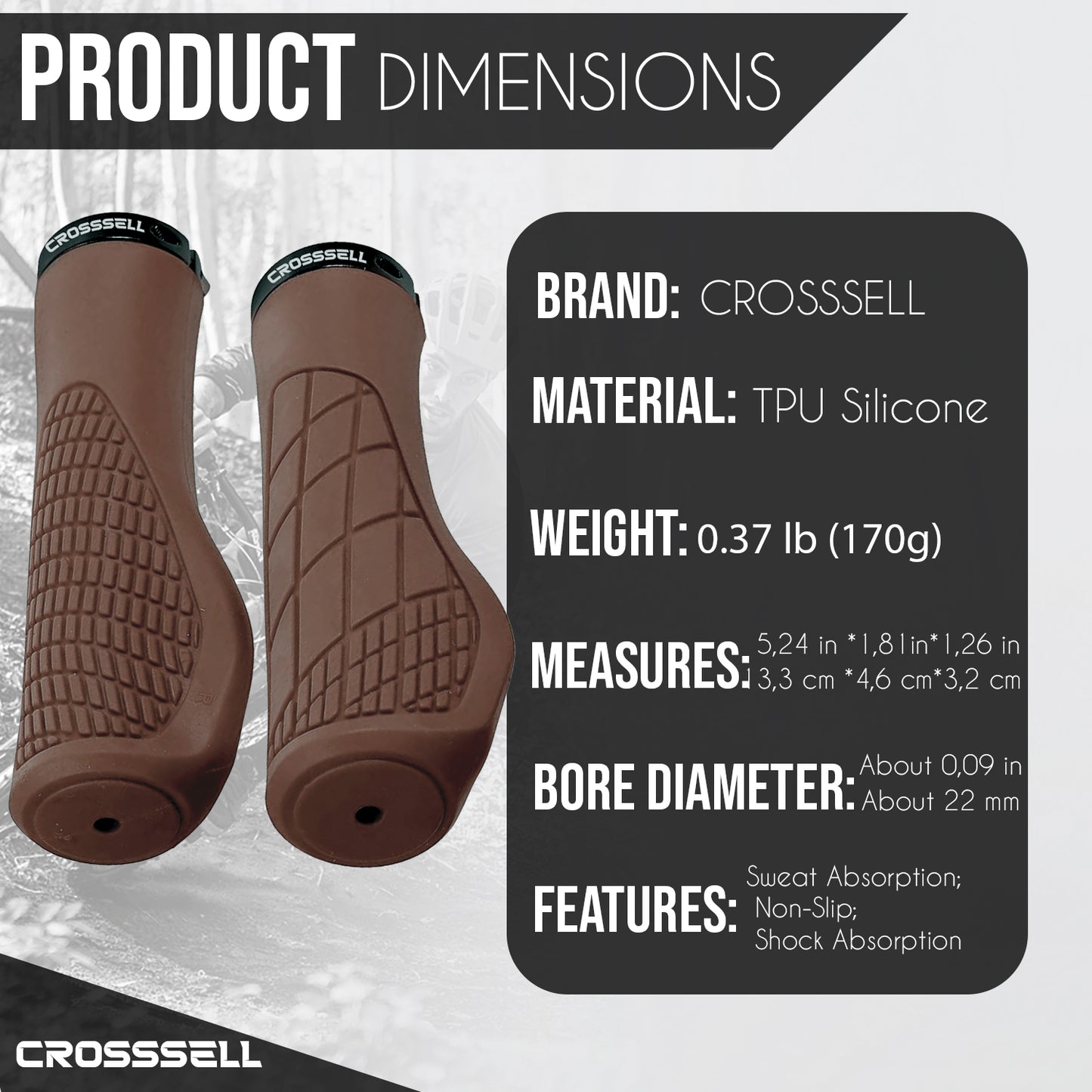 CROSSSELL Ergonomic Bike Grips - Handlebar Grips for Mountain Bikes, Non-Slip Lock-On Grips [BROWN]