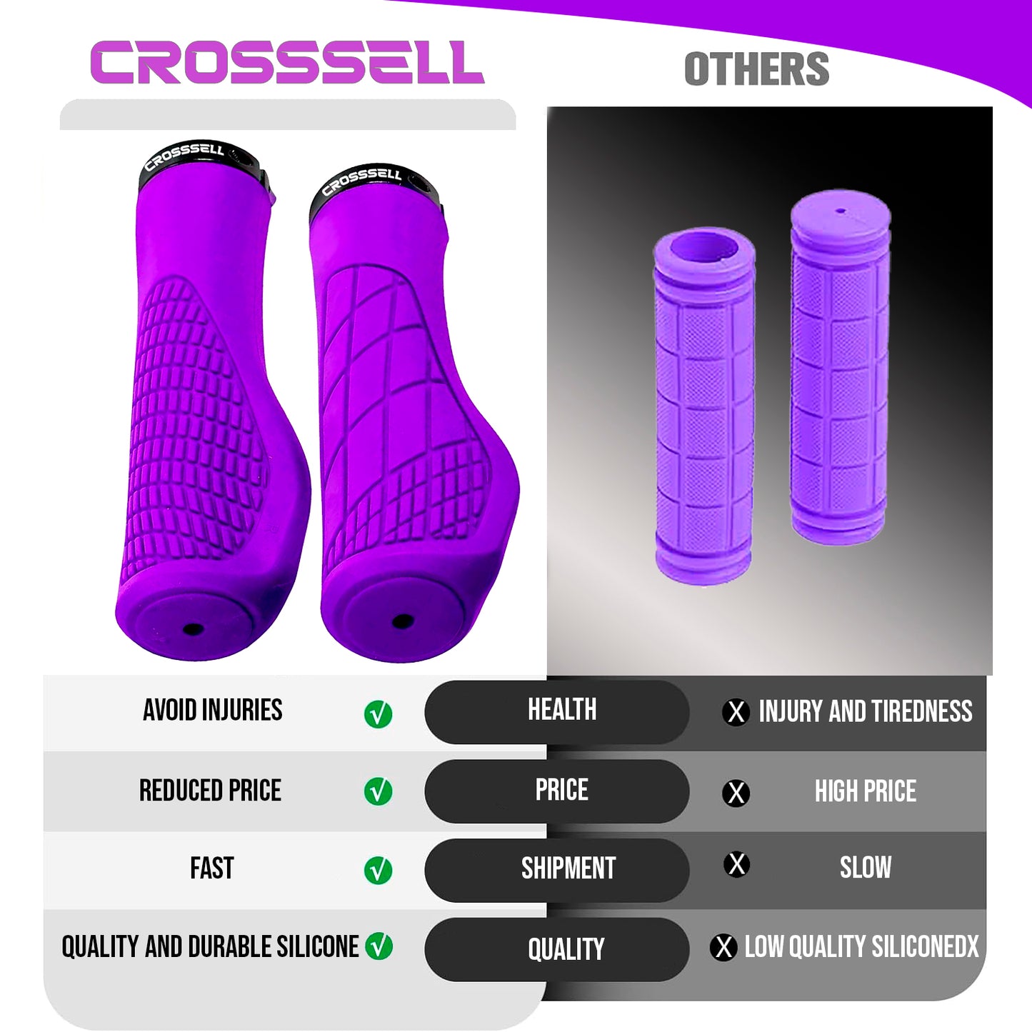 CROSSSELL Ergonomic Bike Grips - Handlebar Grips for Mountain Bikes, Non-Slip Lock-On Grips [PURPLE]
