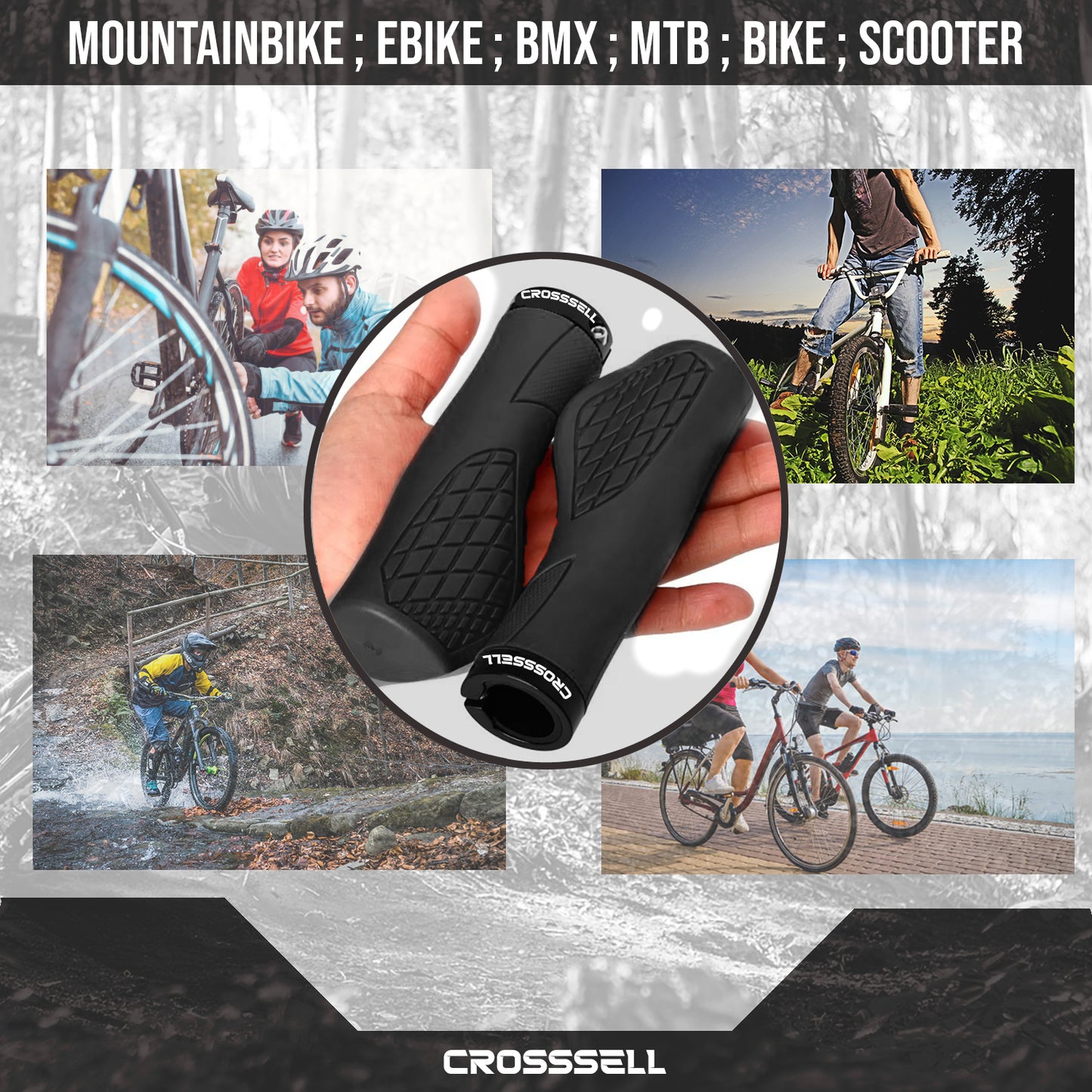 CROSSSELL Ergonomic Bike Grips - Handlebar Grips for Mountain Bikes, Non-Slip Lock-On Grips [BLACK]