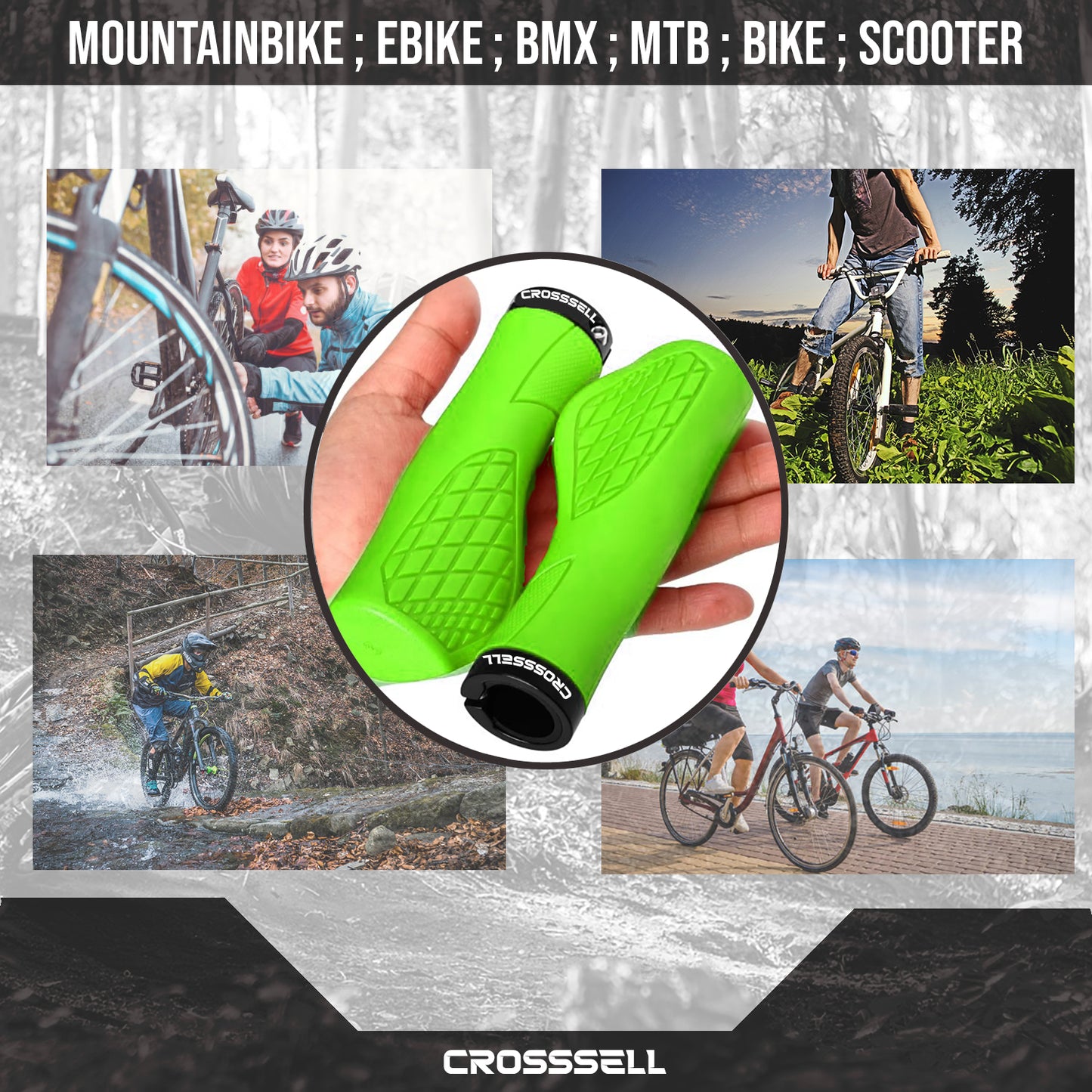 CROSSSELL Ergonomic Bike Grips - Handlebar Grips for Mountain Bikes, Non-Slip Lock-On Grips [APPLE GREEN]
