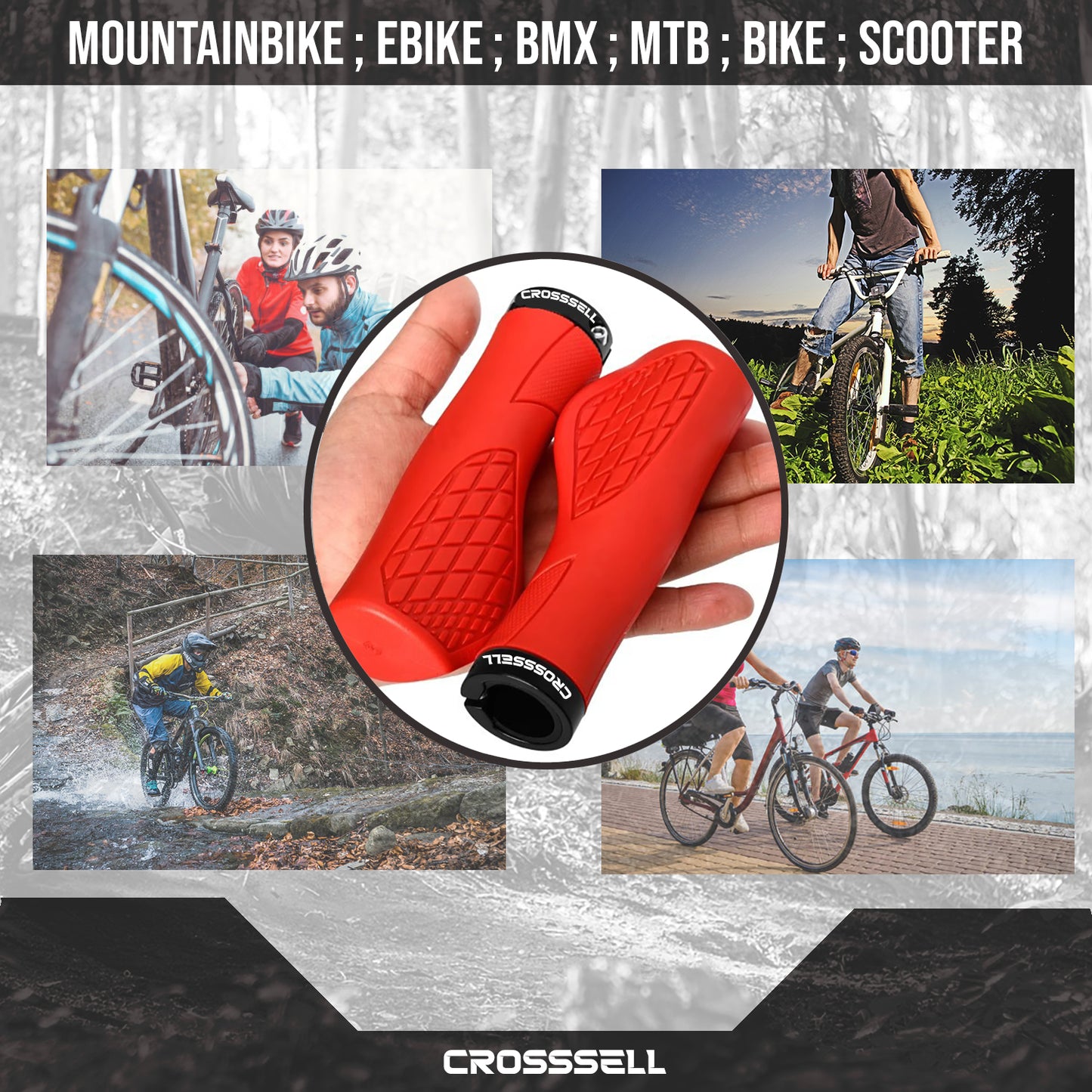 CROSSSELL Ergonomic Bike Grips - Handlebar Grips for Mountain Bikes, Non-Slip Lock-On Grips [RED]