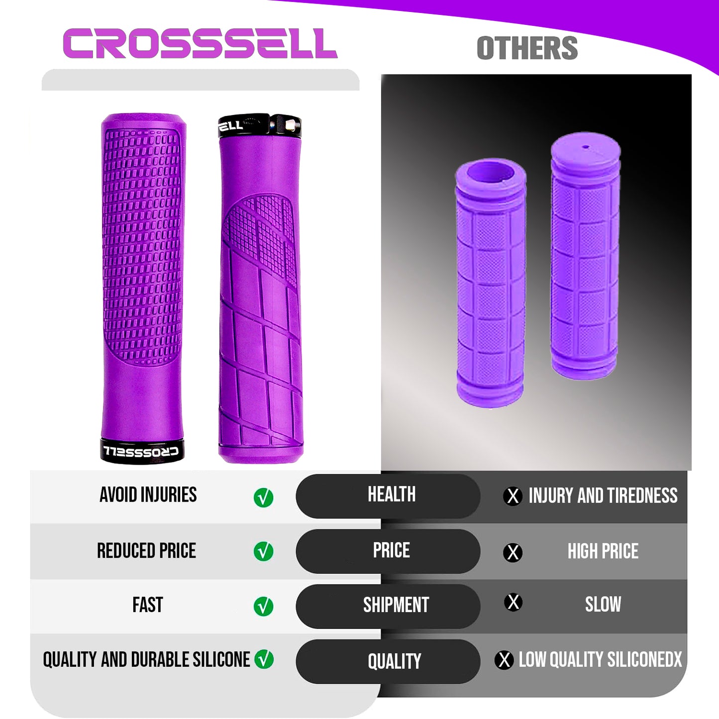 CROSSSELL Mountain Bike Grips, Bicycle Handlebar Grips, Bicycle Handlebar Grips Single Lock-on, Ergonomic Bike Grips Non-Slip Purple