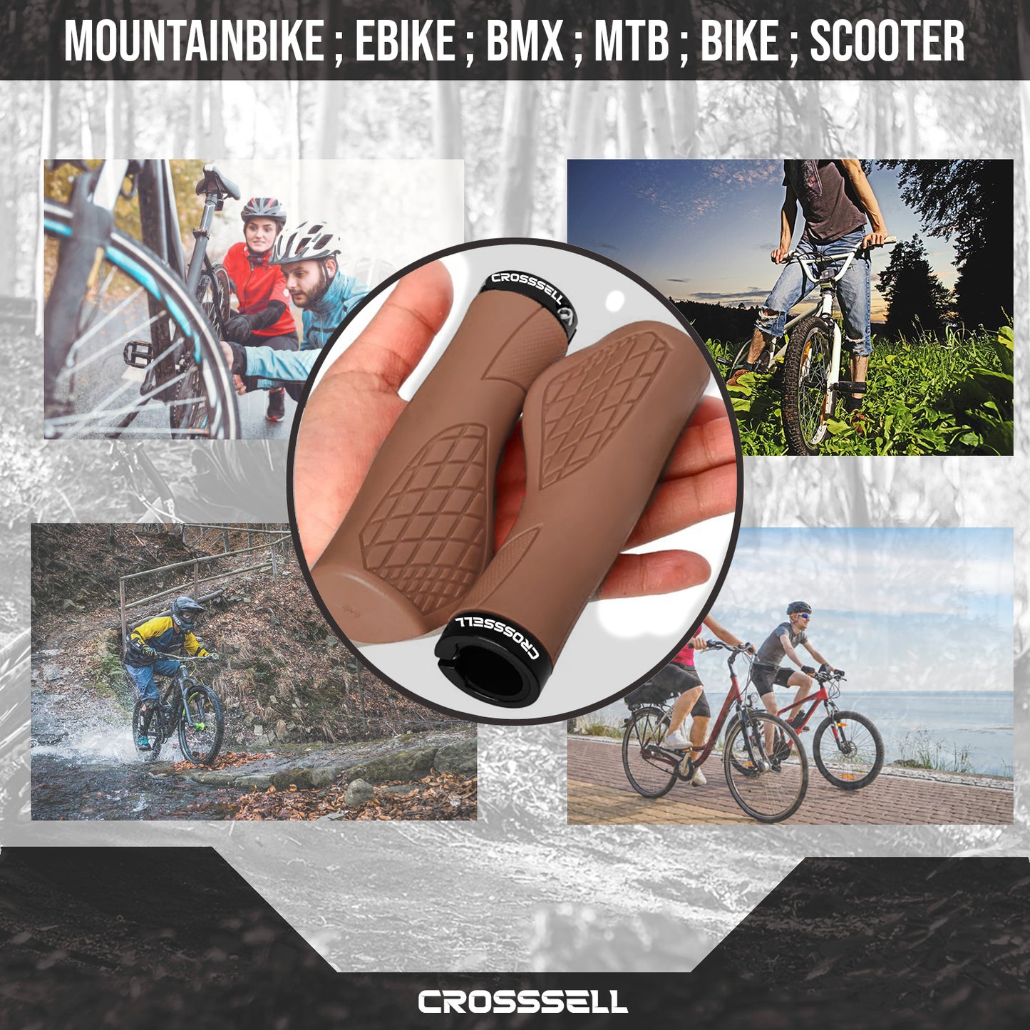 CROSSSELL Ergonomic Bike Grips - Handlebar Grips for Mountain Bikes, Non-Slip Lock-On Grips [BROWN]
