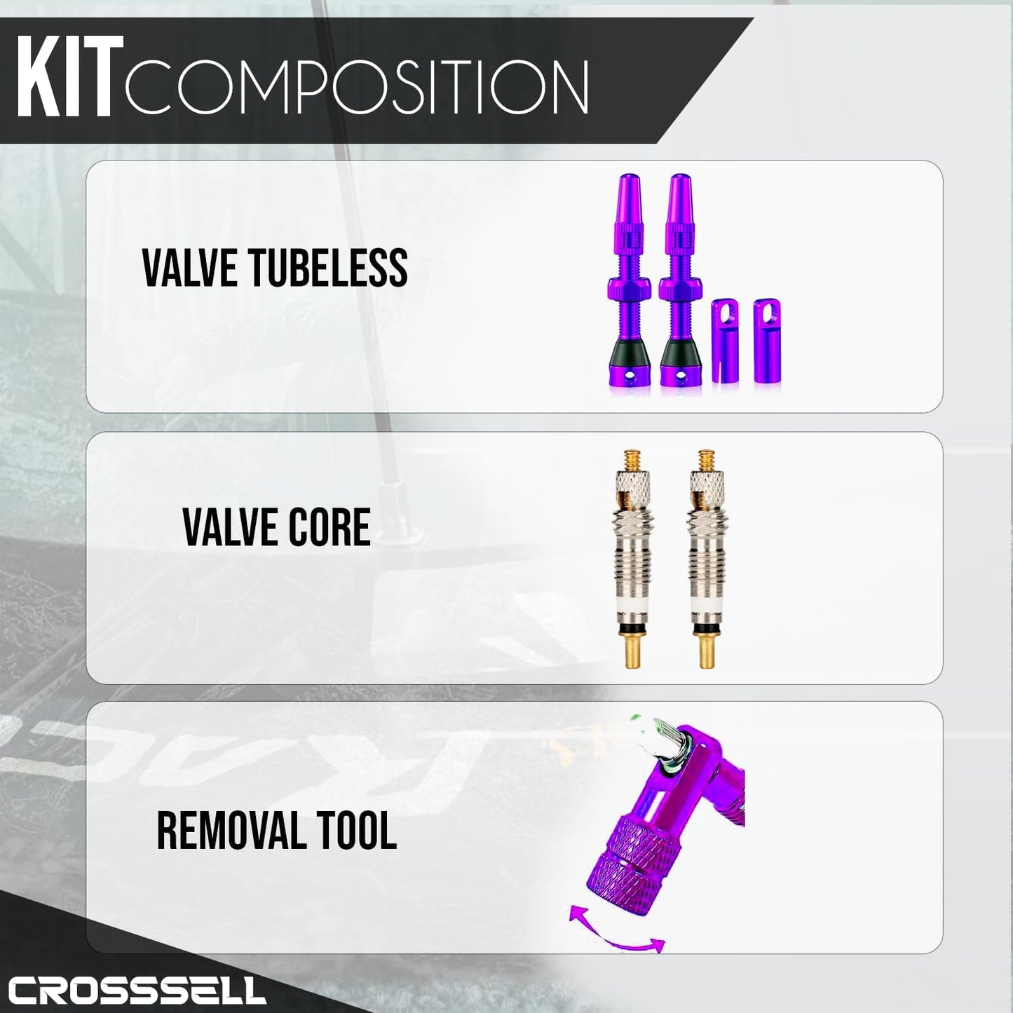 CROSSSELL Tubeless Valve Stems for MTB and Road Bike, Presta Valve Stem 44mm, Lightweight Aluminum with Removable Core [PURPLE 1 Pair]