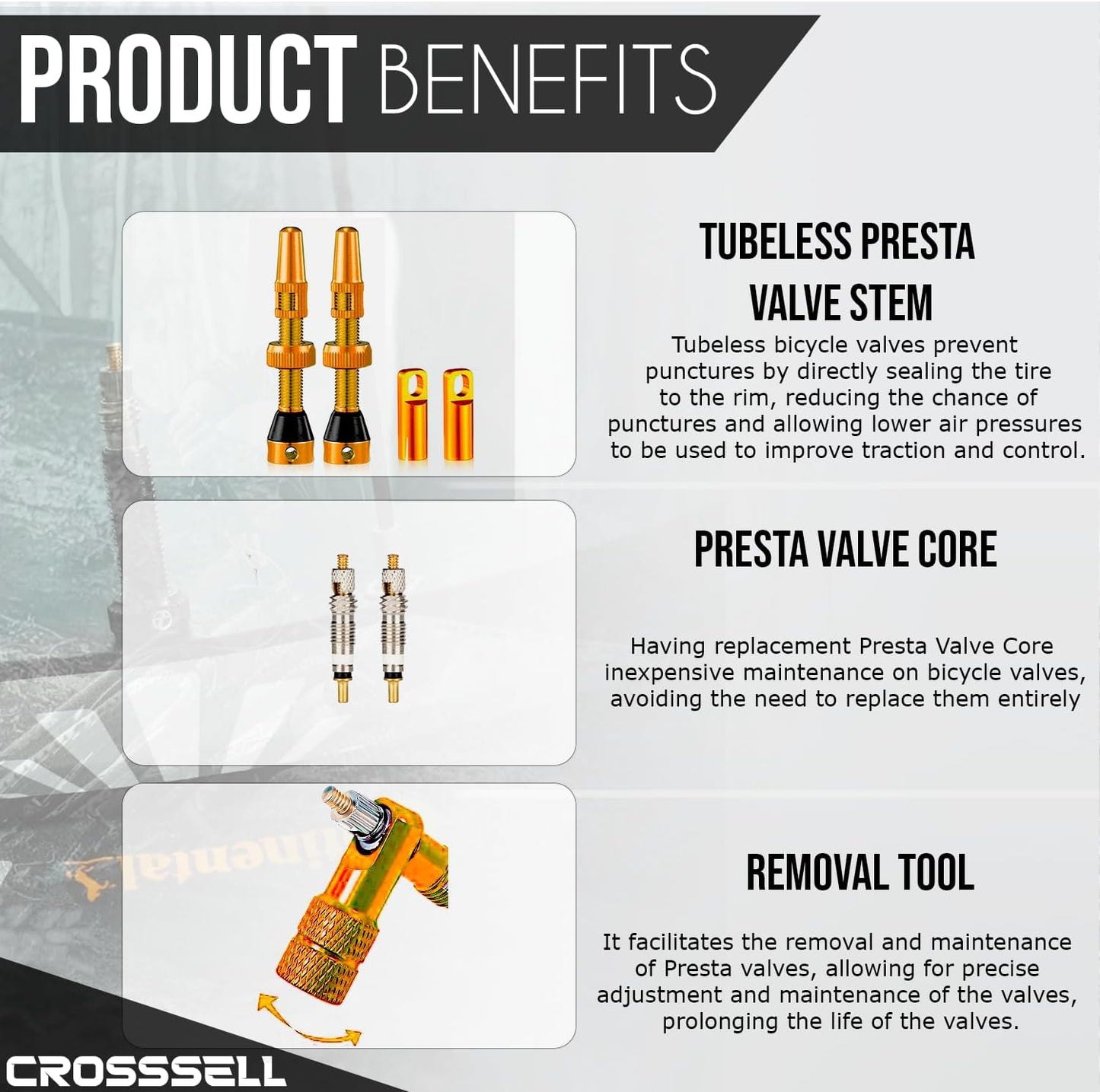 CROSSSELL Tubeless Valve Stems for MTB and Road Bike, Presta Valve Stem 44mm, Lightweight Aluminum with Removable Core [ORANGE 1 Pair]