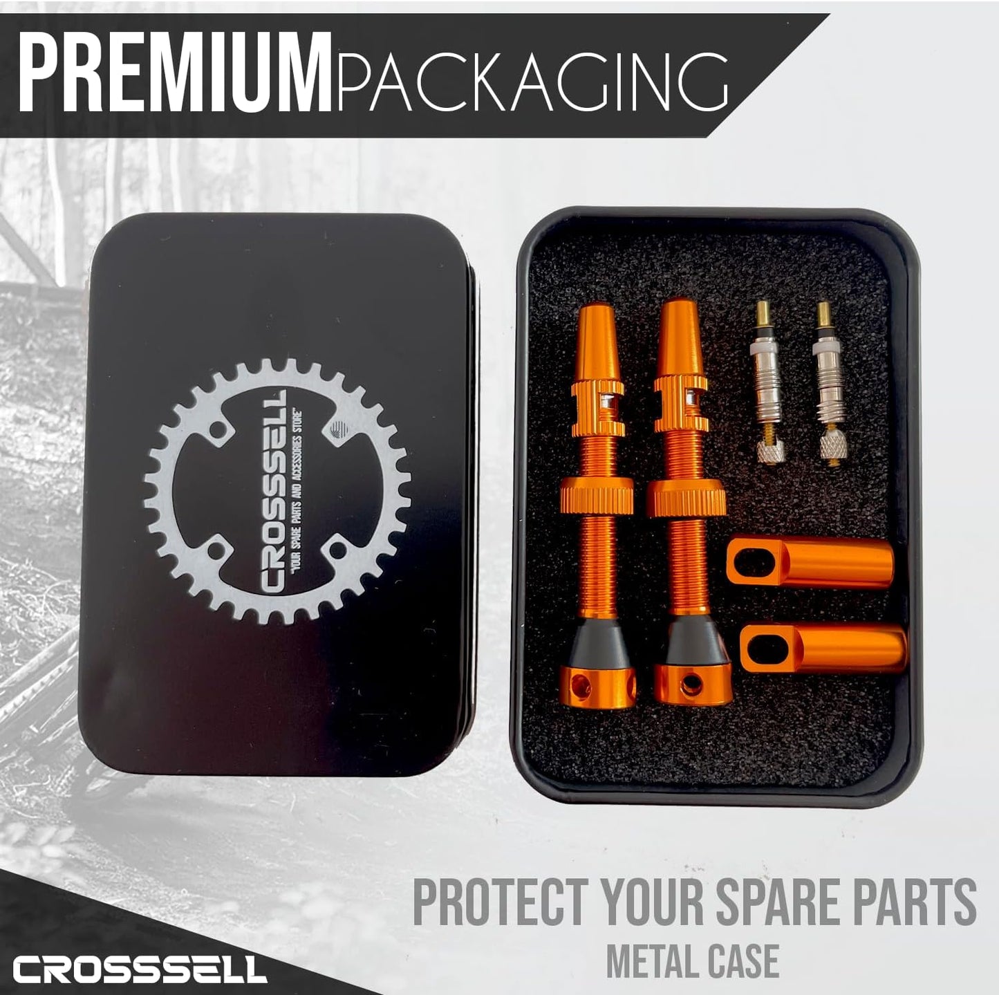 CROSSSELL Tubeless Valve Stems for MTB and Road Bike, Presta Valve Stem 44mm, Lightweight Aluminum with Removable Core [ORANGE 1 Pair]