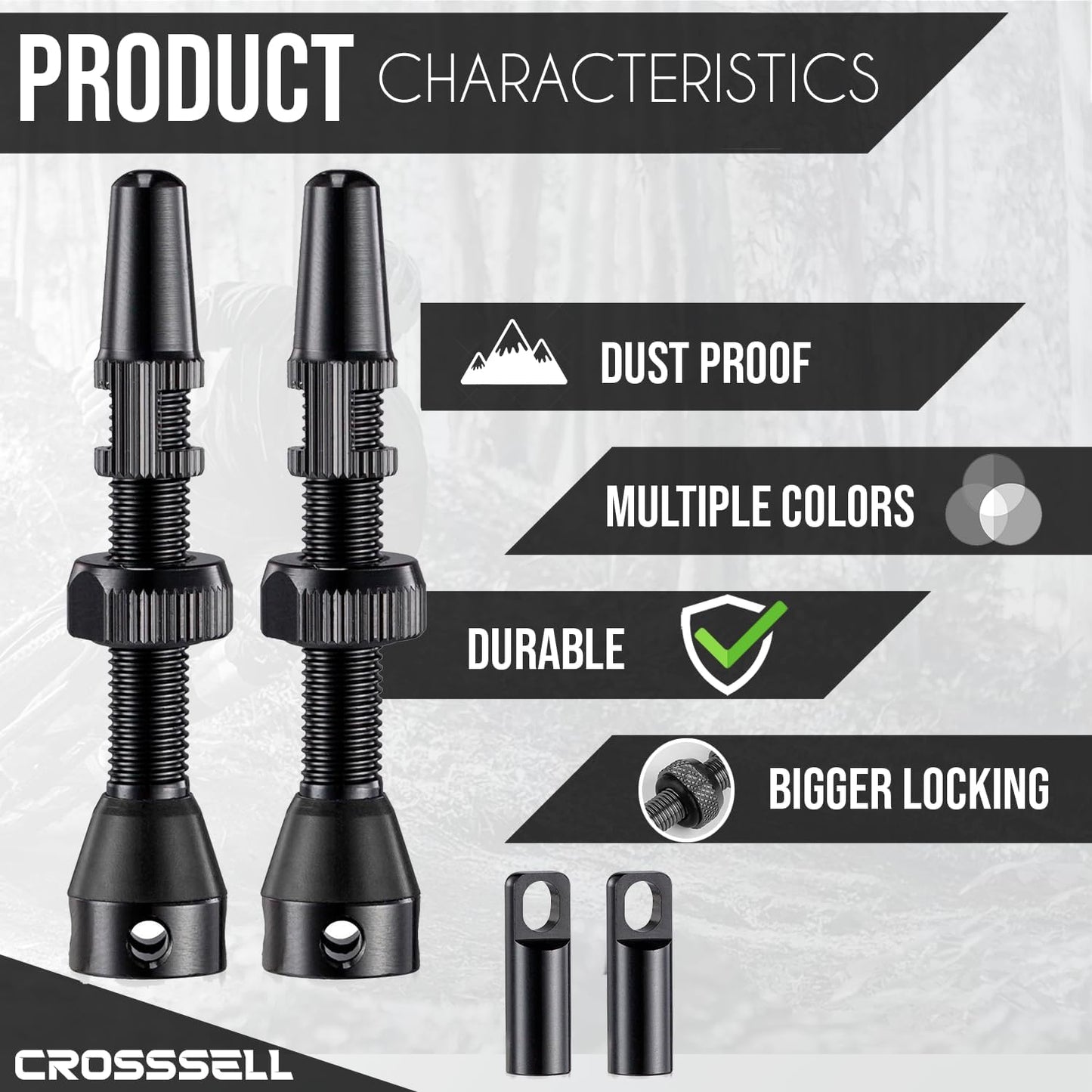 CROSSSELL Tubeless Valve Stems for MTB and Road Bike, Presta Valve Stem 44mm, Lightweight Aluminum with Removable Core [BLACK 1 Pair]