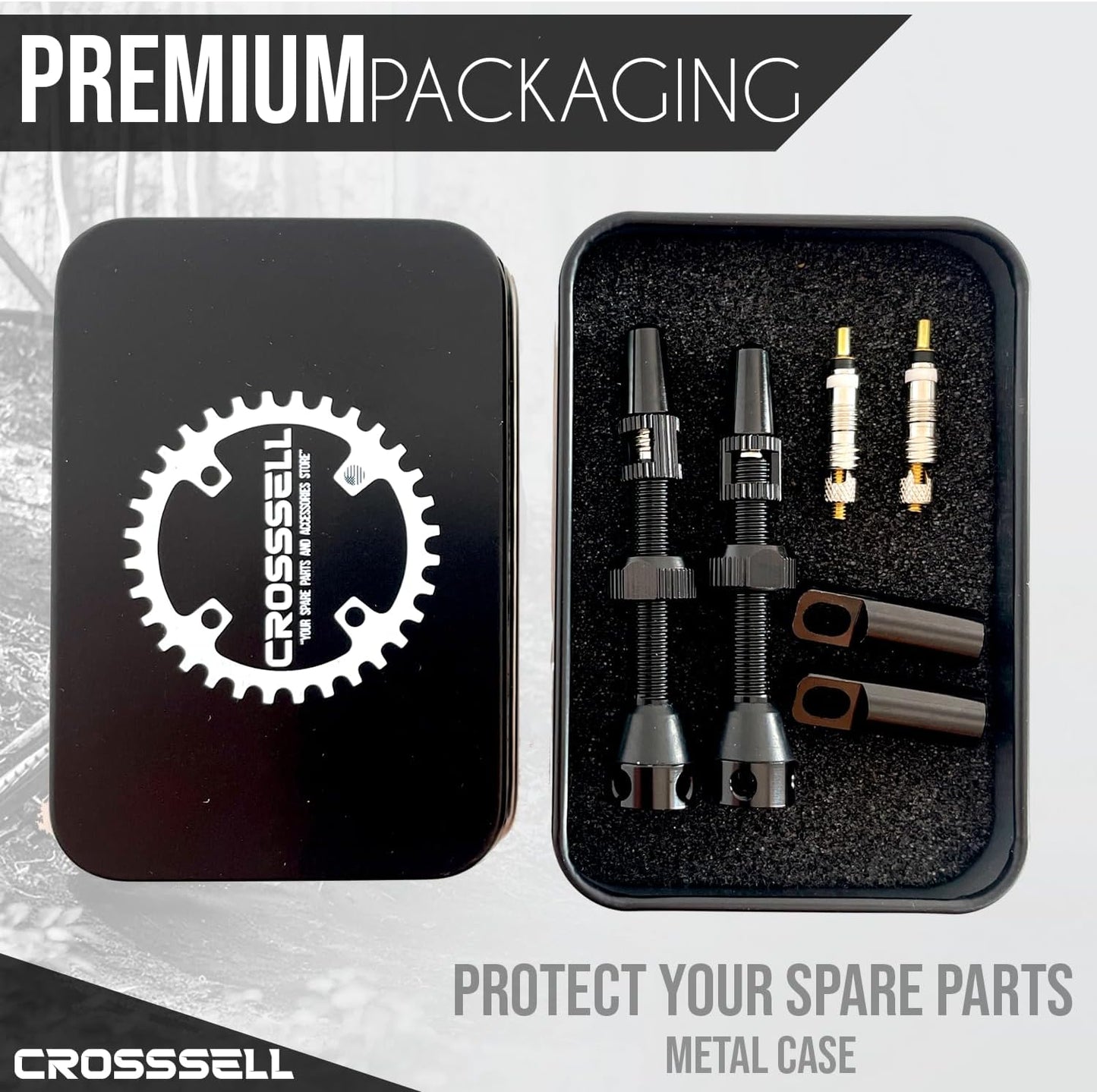 CROSSSELL Tubeless Valve Stems for MTB and Road Bike, Presta Valve Stem 44mm, Lightweight Aluminum with Removable Core [BLACK 1 Pair]