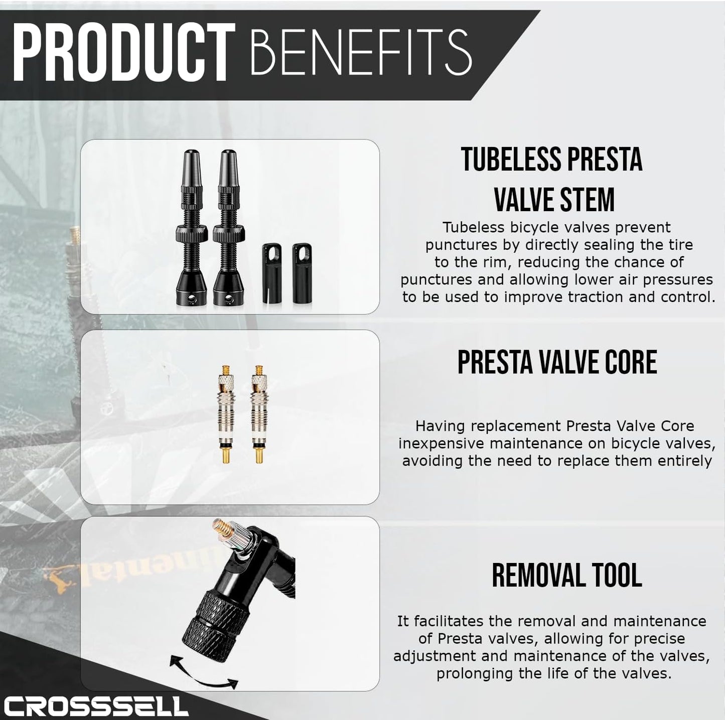 CROSSSELL Tubeless Valve Stems for MTB and Road Bike, Presta Valve Stem 44mm, Lightweight Aluminum with Removable Core [BLACK 1 Pair]