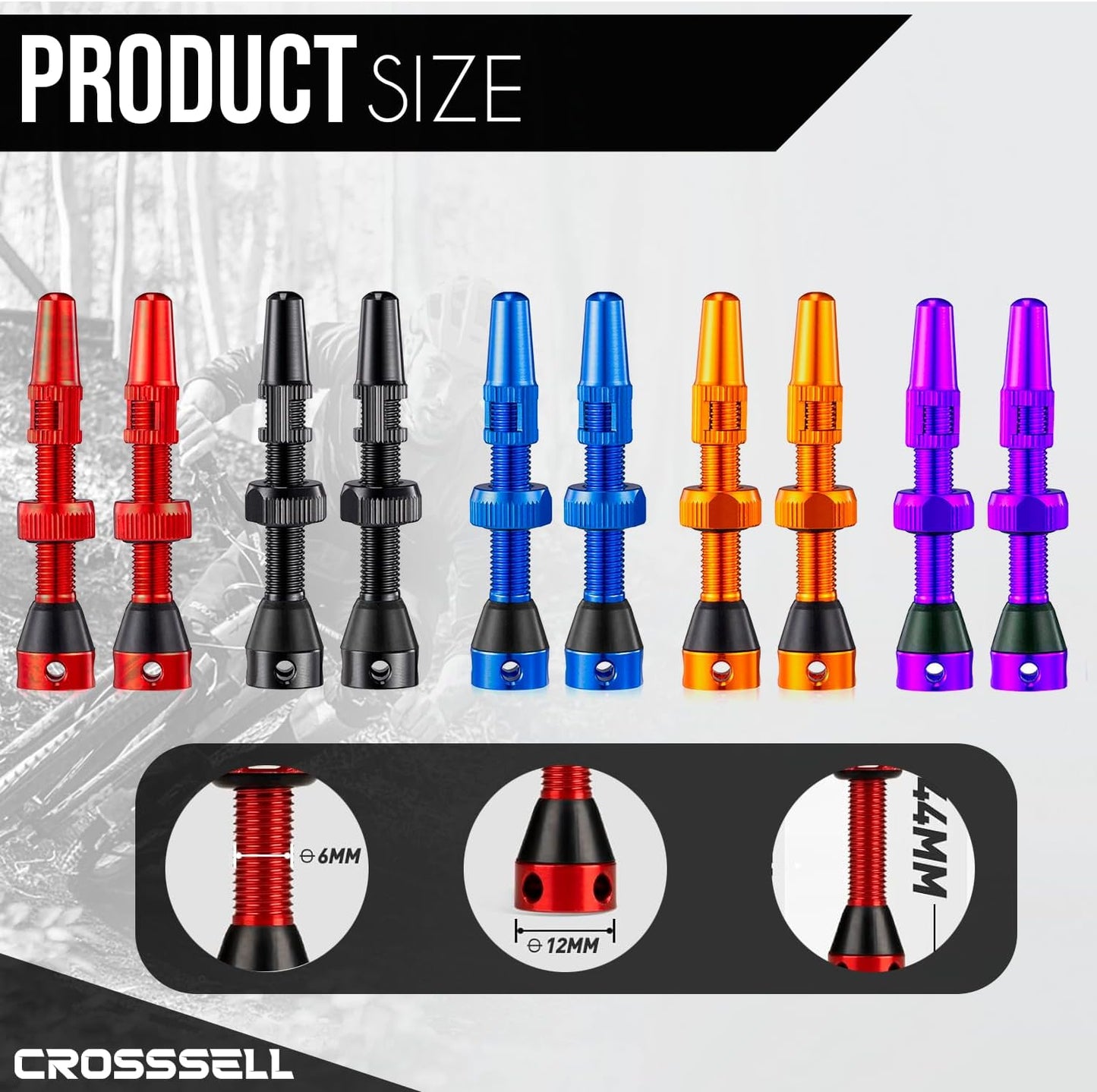 CROSSSELL Tubeless Valve Stems for MTB and Road Bike, Presta Valve Stem 44mm, Lightweight Aluminum with Removable Core [BLACK 1 Pair]