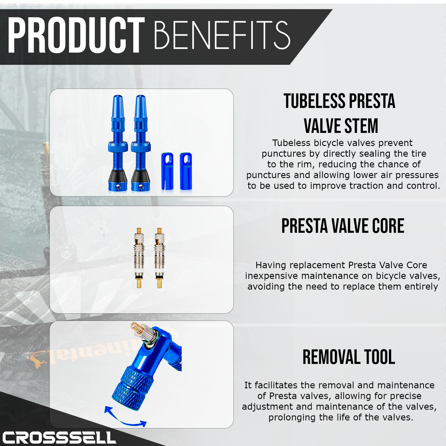 CROSSSELL Tubeless Valve Stems for MTB and Road Bike, Presta Valve Stem 44mm, Lightweight Aluminum with Removable Core [BLUE 1 Pair]