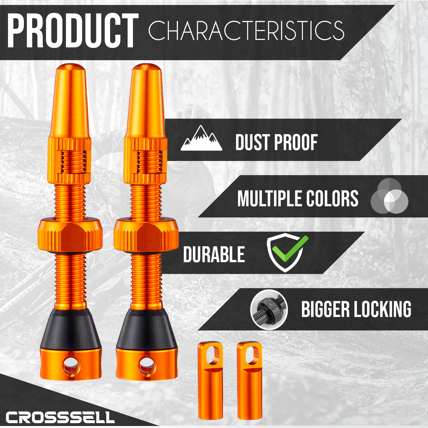 CROSSSELL Tubeless Valve Stems for MTB and Road Bike, Presta Valve Stem 44mm, Lightweight Aluminum with Removable Core [ORANGE 1 Pair]