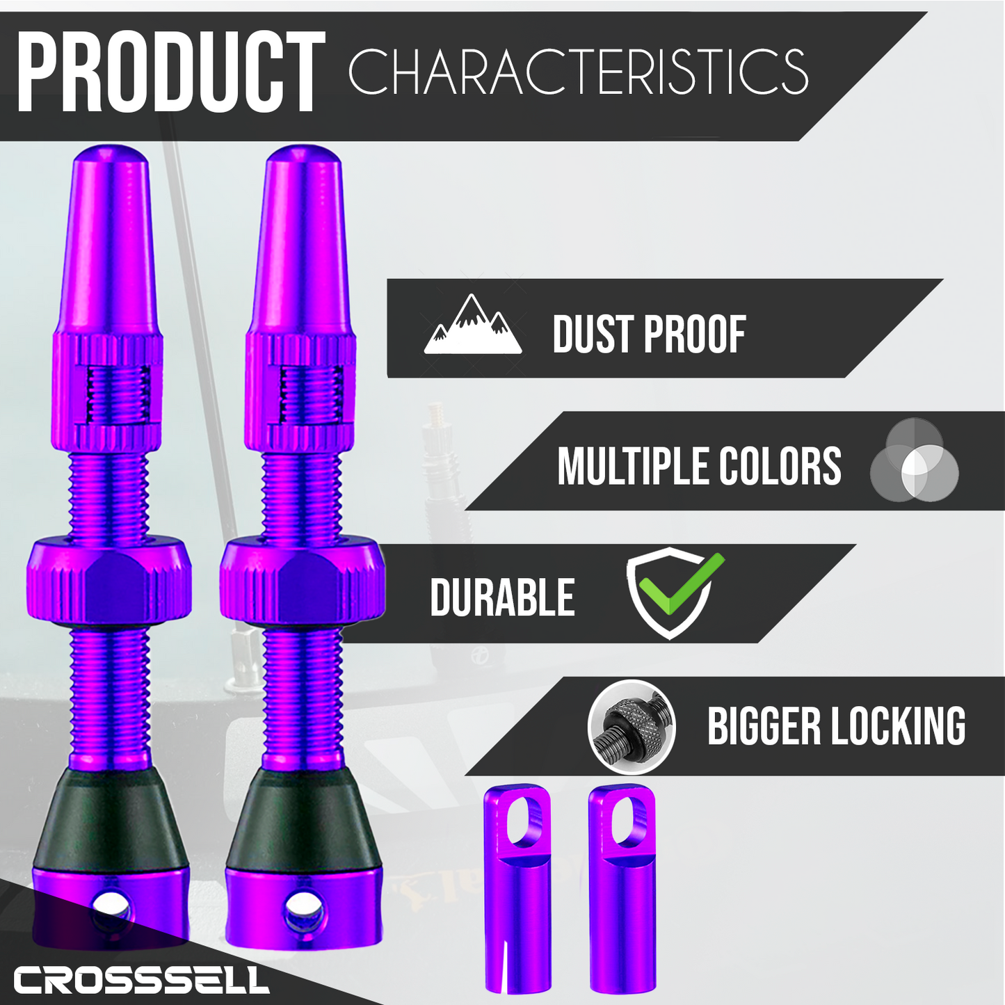 CROSSSELL Tubeless Valve Stems for MTB and Road Bike, Presta Valve Stem 44mm, Lightweight Aluminum with Removable Core [PURPLE 1 Pair]