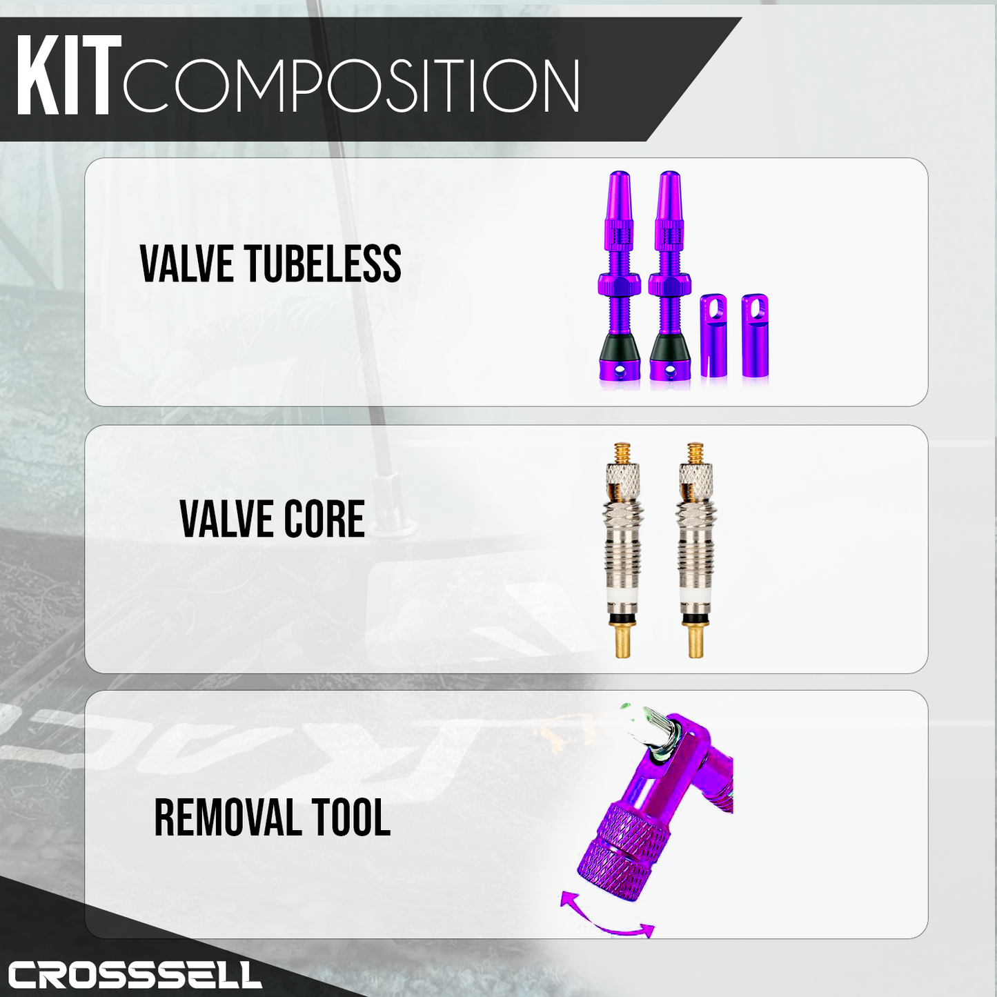 CROSSSELL Tubeless Valve Stems for MTB and Road Bike, Presta Valve Stem 44mm, Lightweight Aluminum with Removable Core [PURPLE 1 Pair]