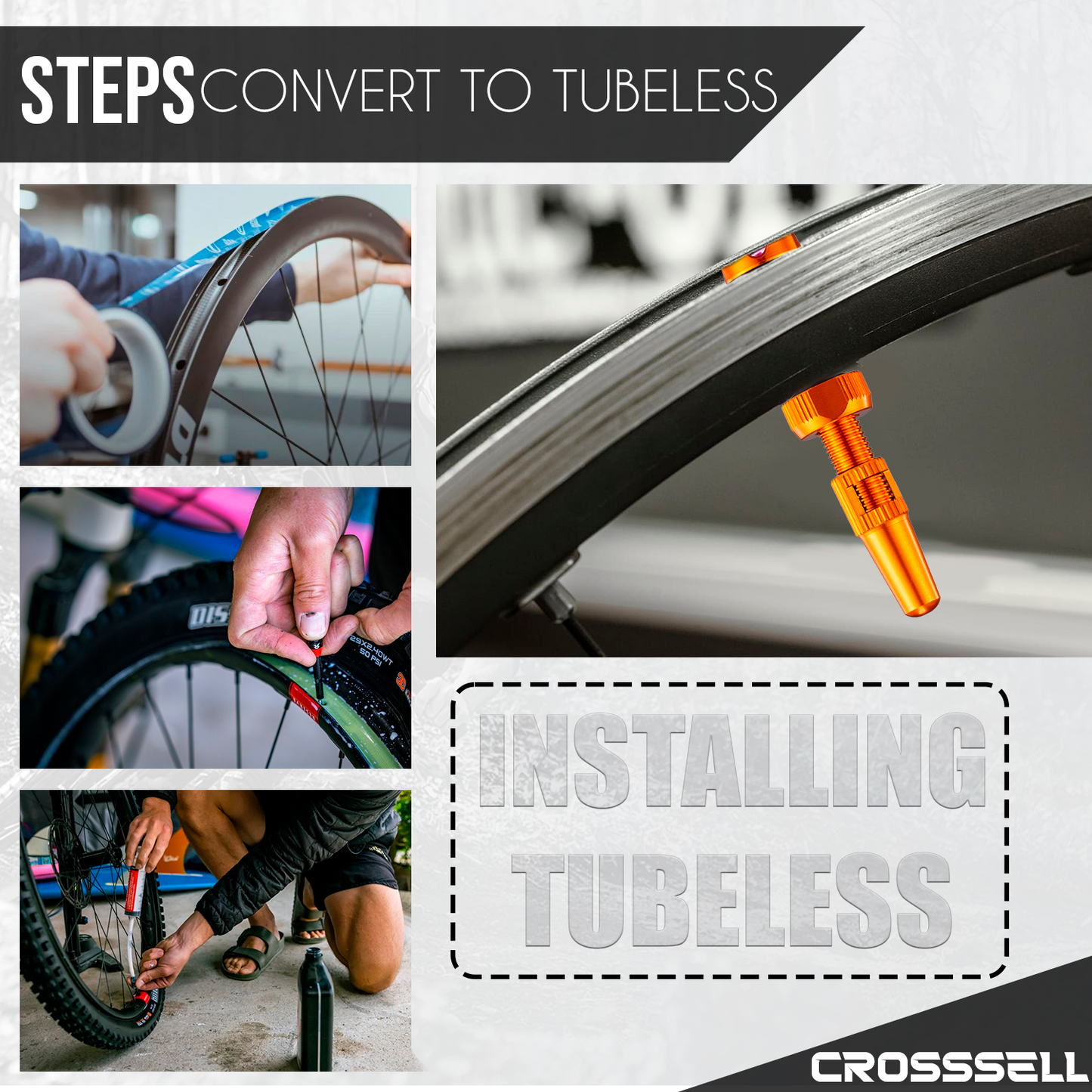 CROSSSELL Tubeless Valve Stems for MTB and Road Bike, Presta Valve Stem 44mm, Lightweight Aluminum with Removable Core [ORANGE 1 Pair]
