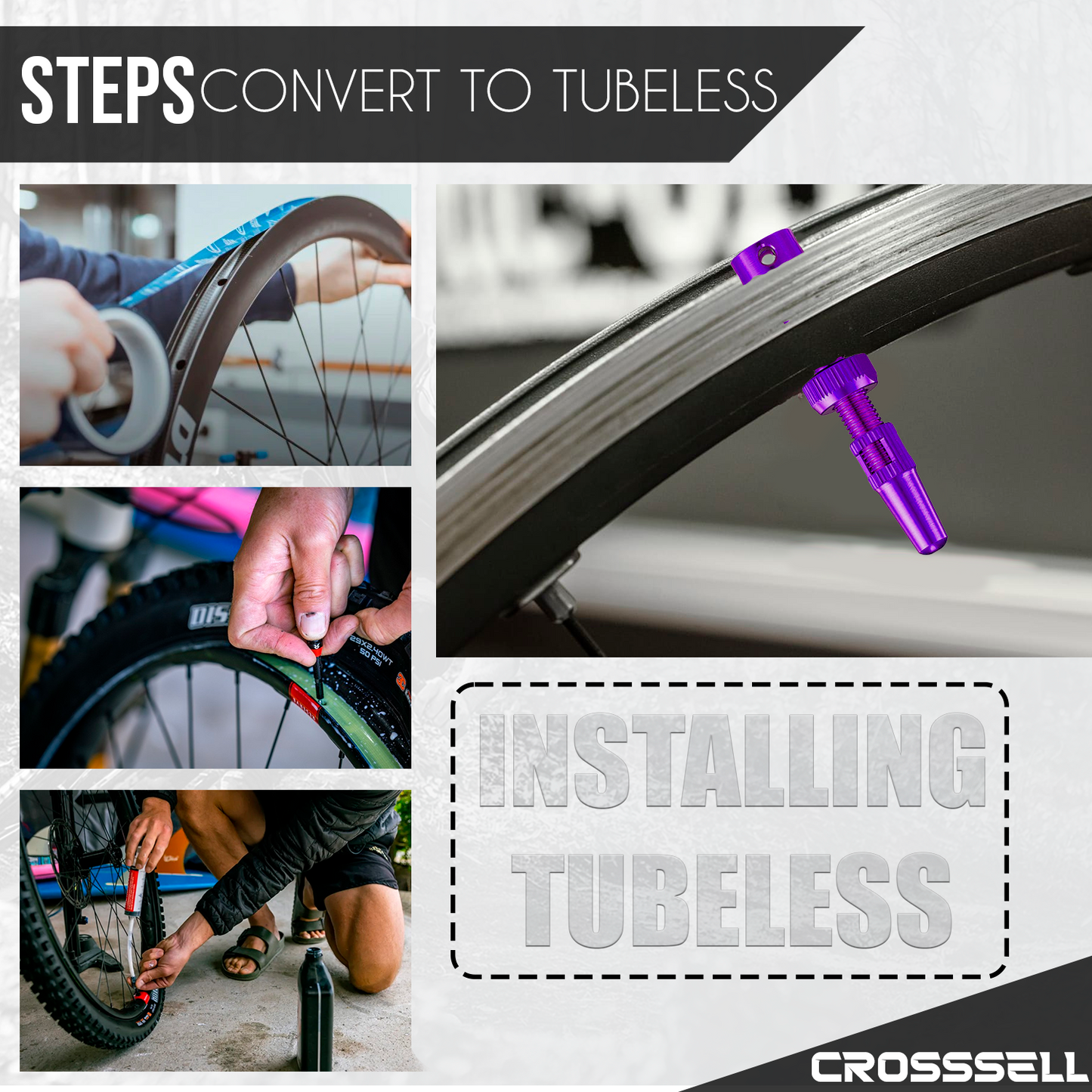 CROSSSELL Tubeless Valve Stems for MTB and Road Bike, Presta Valve Stem 44mm, Lightweight Aluminum with Removable Core [PURPLE 1 Pair]