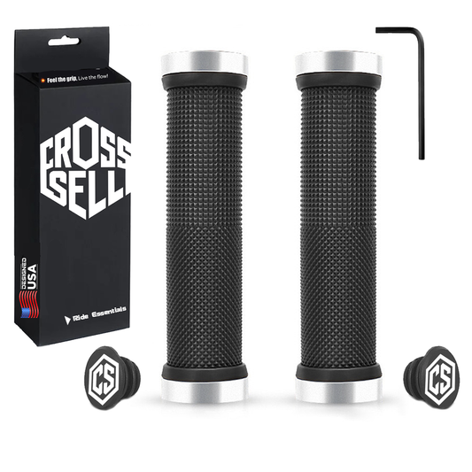 CROSSSELL Double Lock-On Bike Grips – Premium Anti-Slip Silicone + End Caps & Allen Key Included [SILVER]